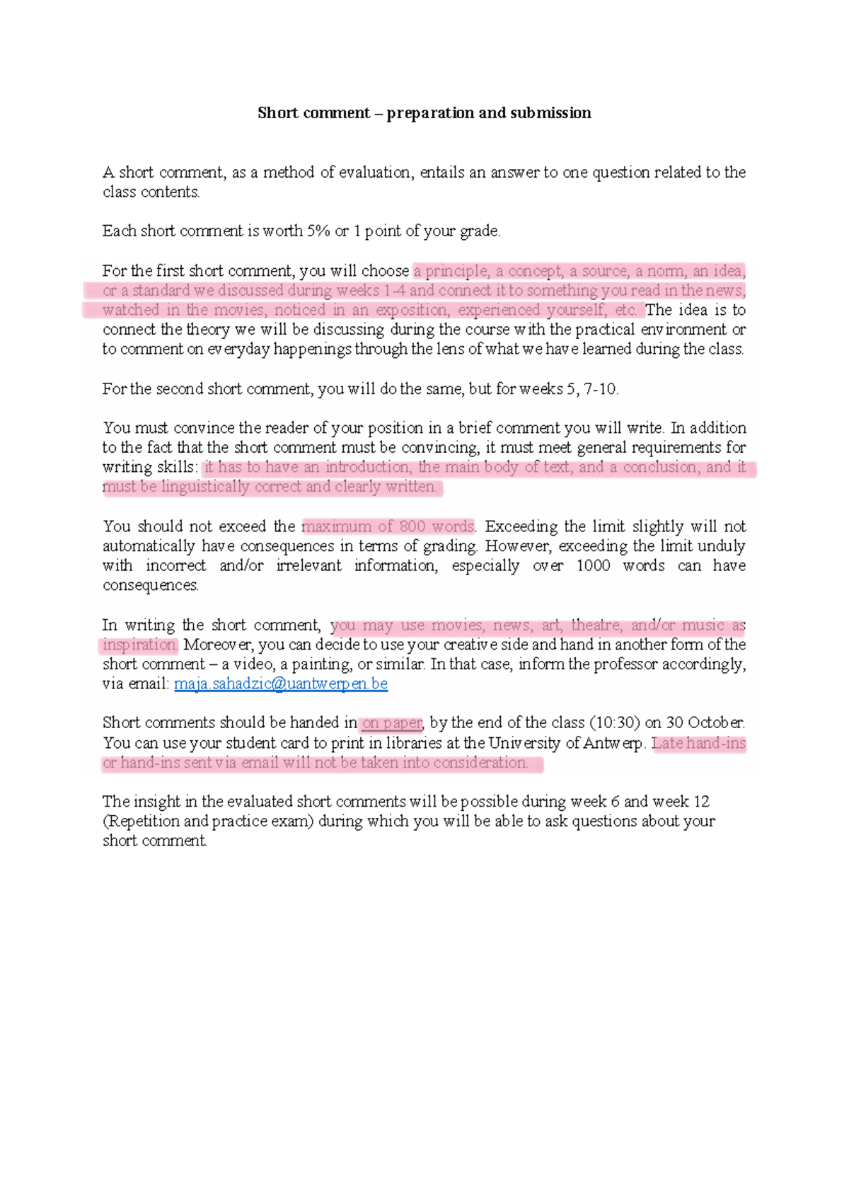 Short Comment Guidelines for Evaluation (Course Code: [Insert Code ...