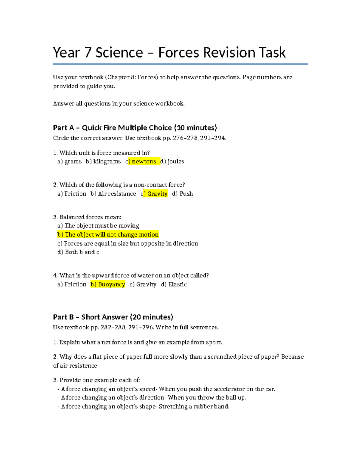 Year 7 Science Forces Revision Worksheet - Studocu