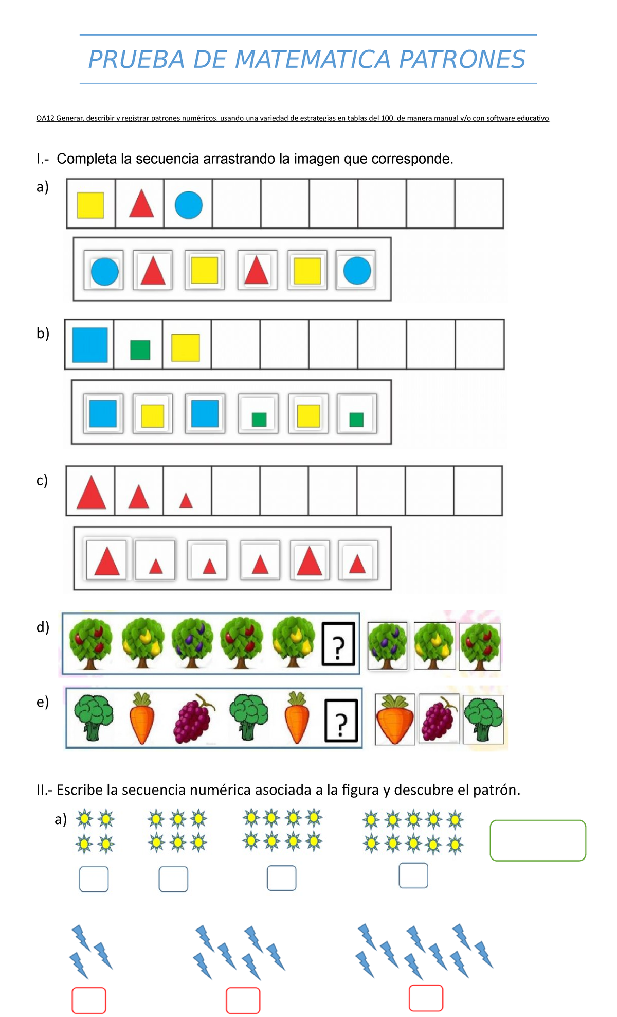 Prueba de Matemáticas: Patrones Numéricos y Estrategias OA12 - Document Preview