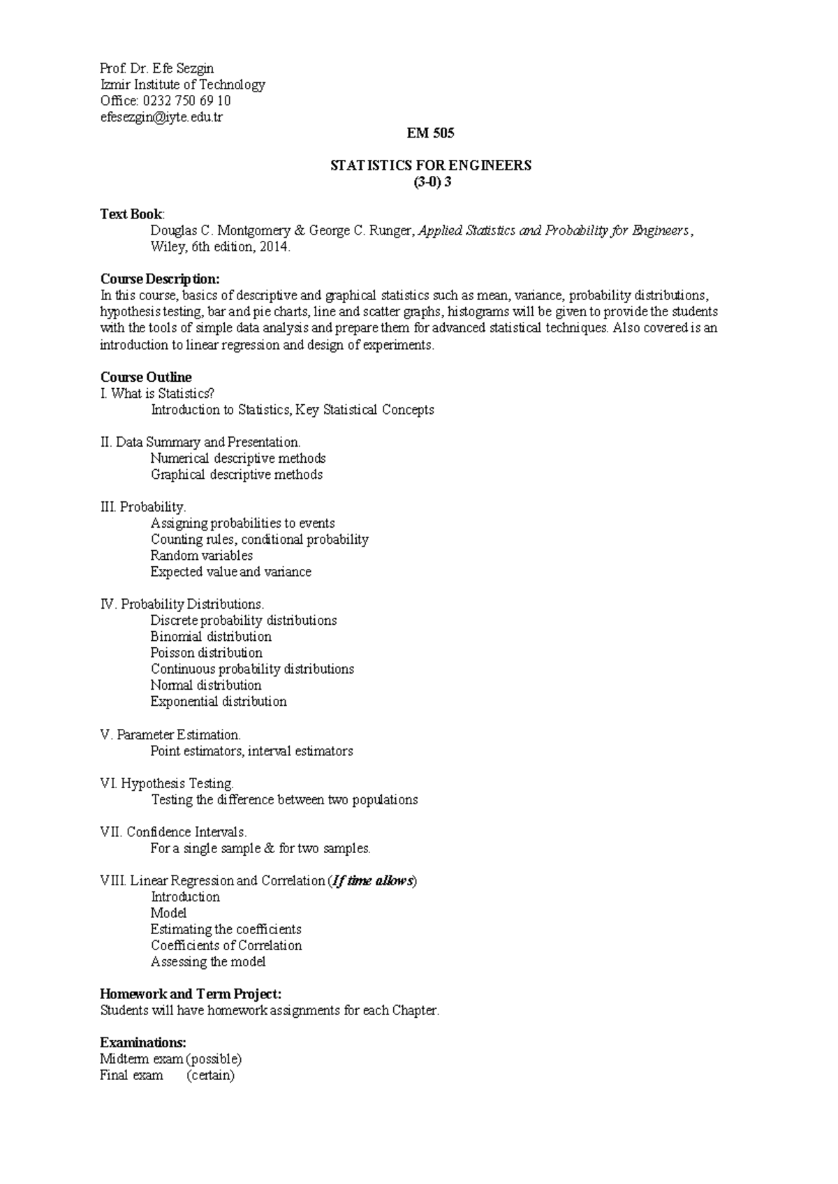 EM 505 Syllabus: Statistics for Engineers - Fall 2025 - Studocu