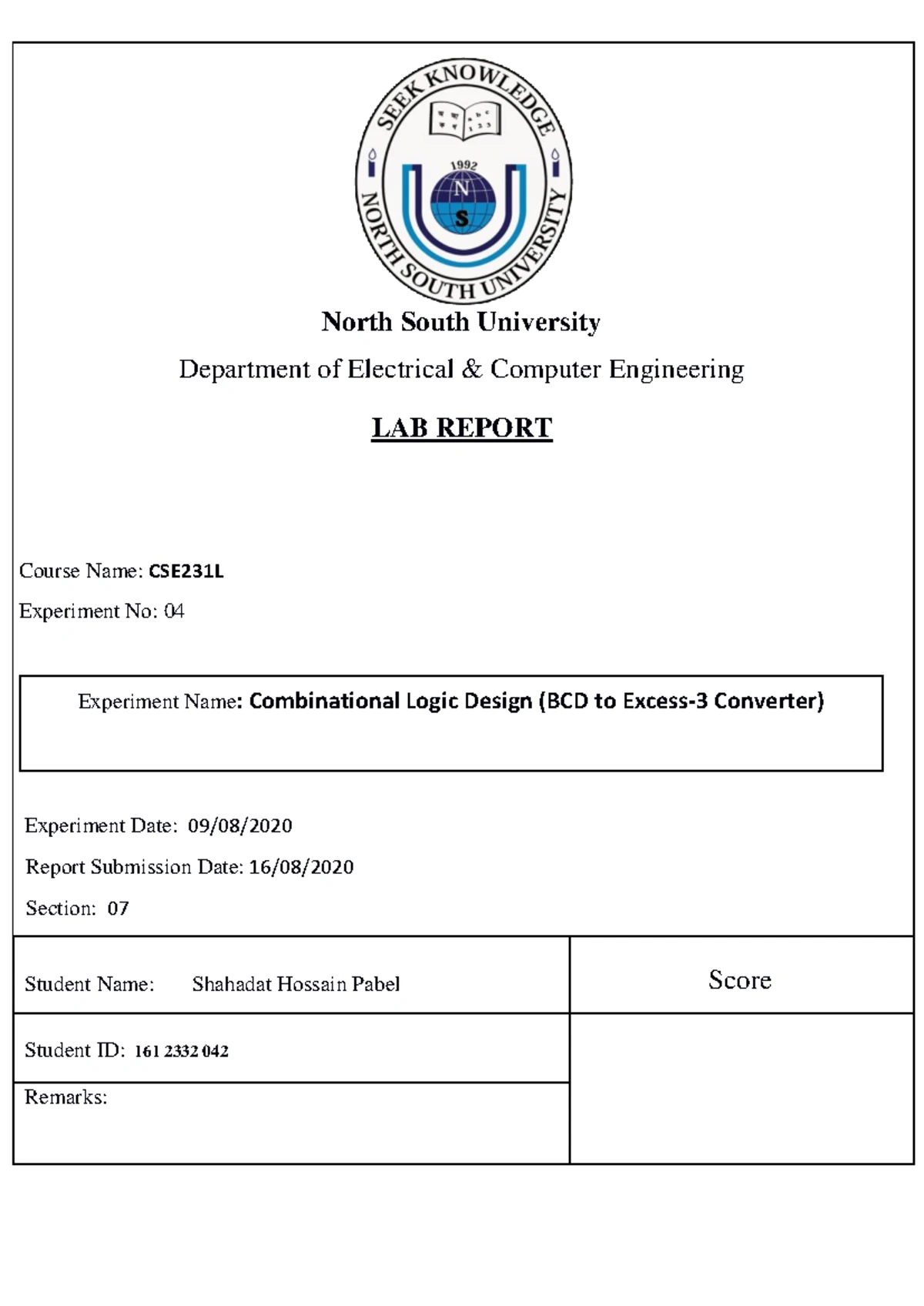 Lab report practical 4.1 and this will be it. - North South University ...