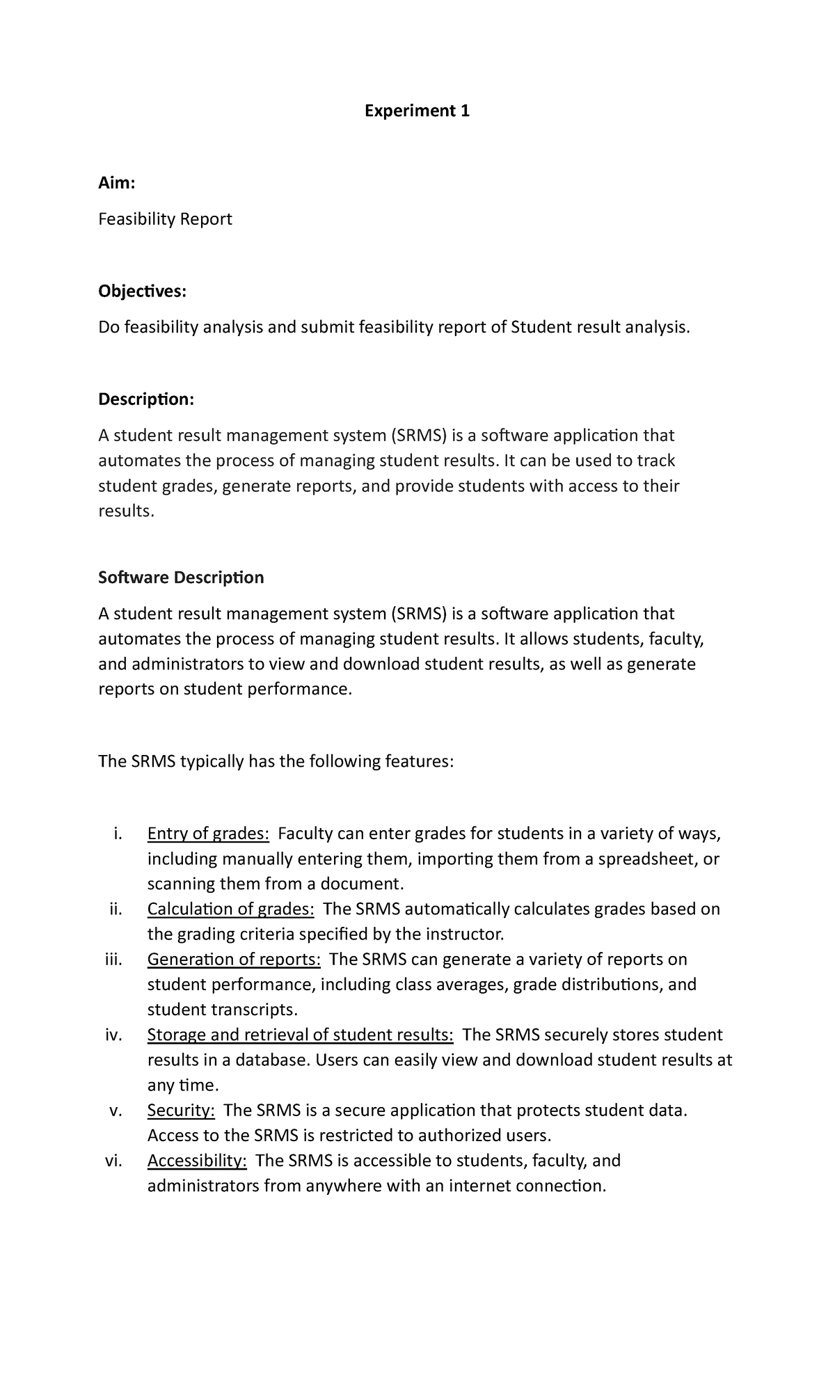 Student Result Management System (SRMS) Feasibility Report - Studocu