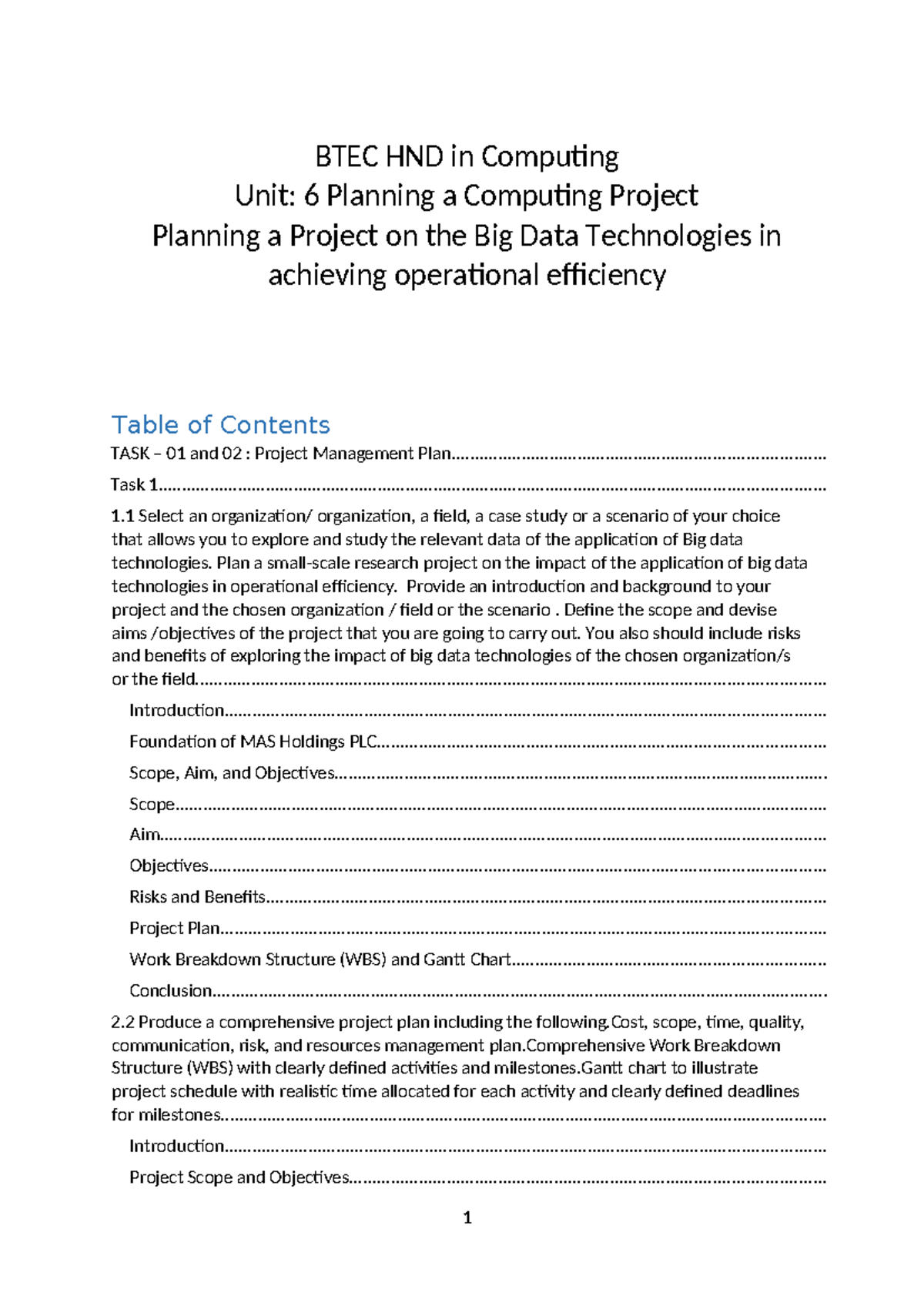 BTEC HND in Computing Unit 6: Planning a Computing Project on Big Data ...