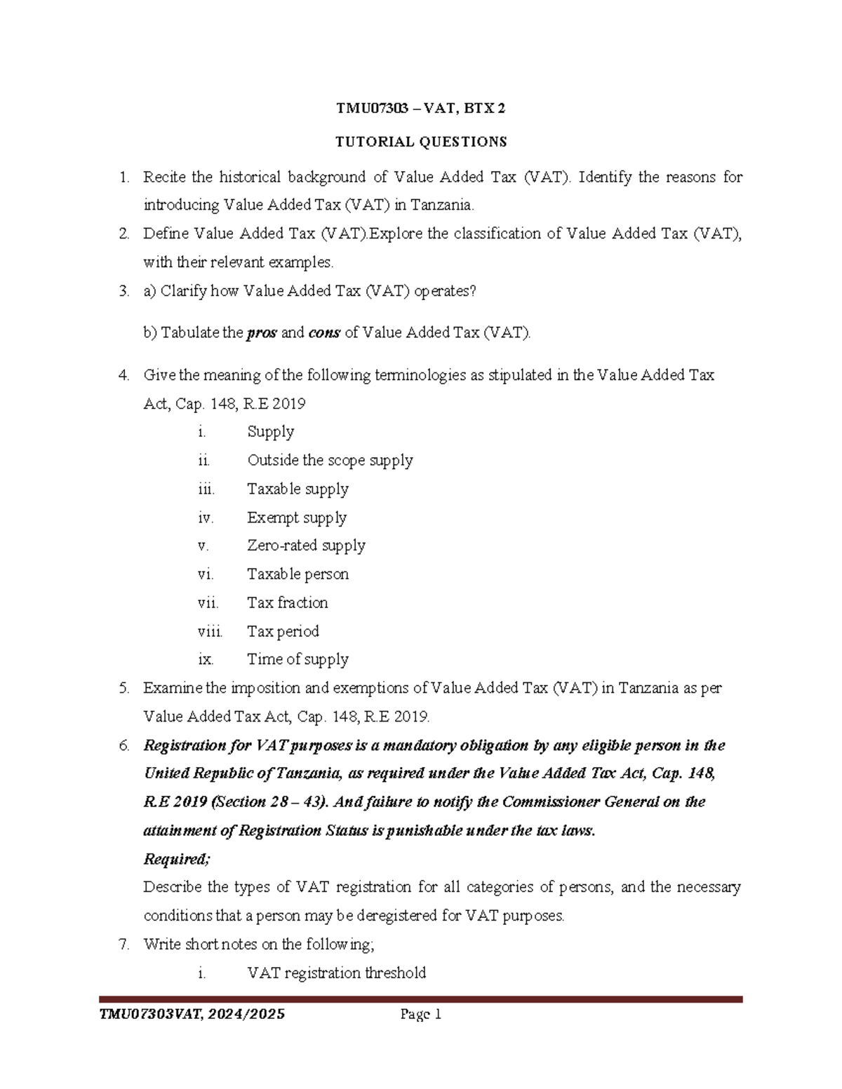TMU07303 VAT Tutorial Questions and Key Concepts - Studocu