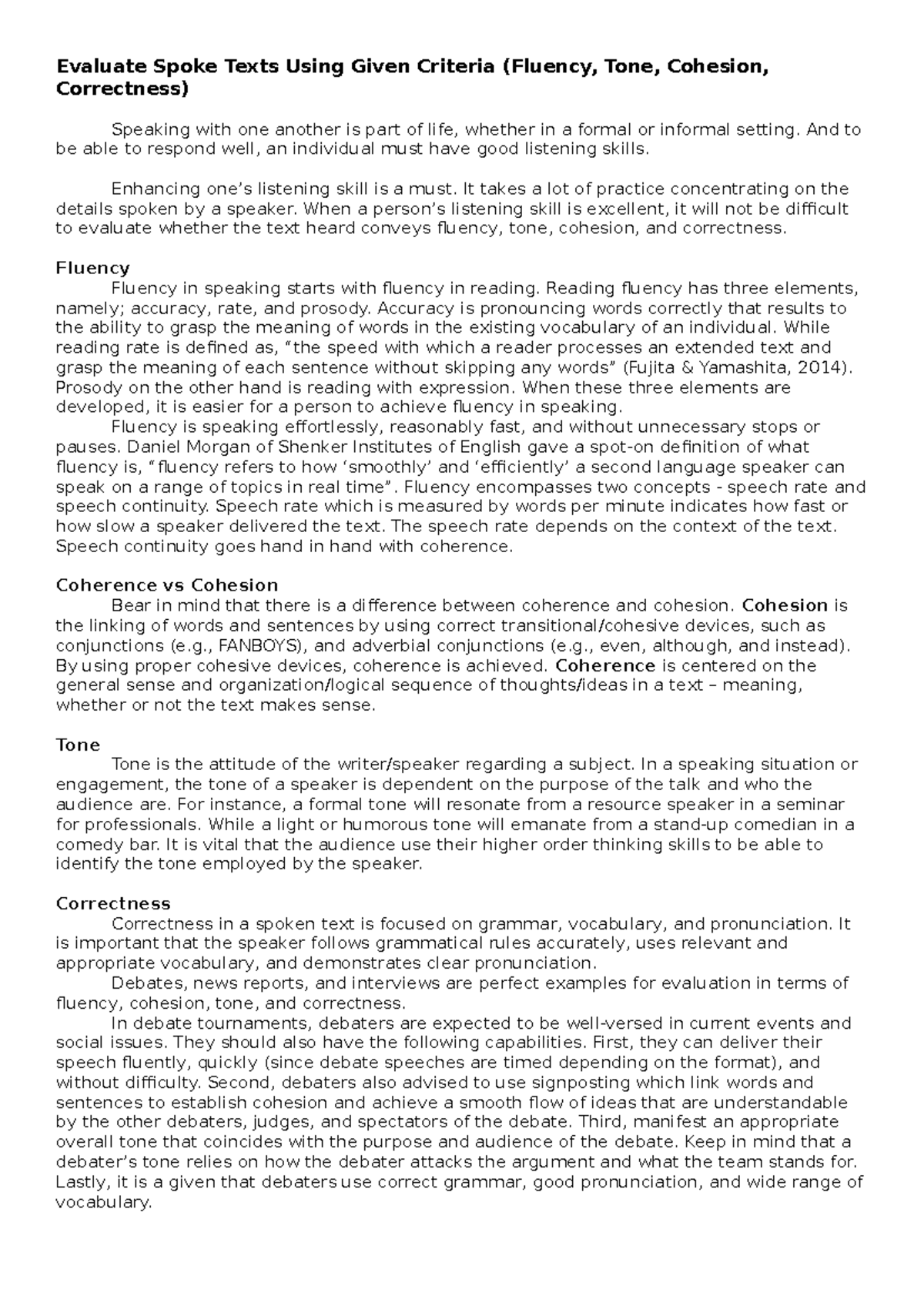 Evaluating Spoken Texts: Fluency, Tone, Cohesion & Correctness - Studocu