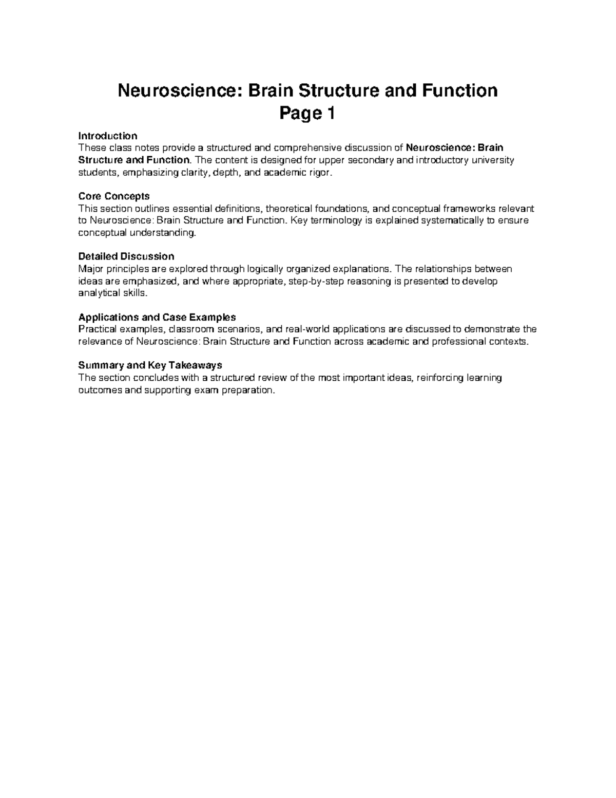 Neuroscience (Set 5): Comprehensive Class Notes on Brain Structure ...
