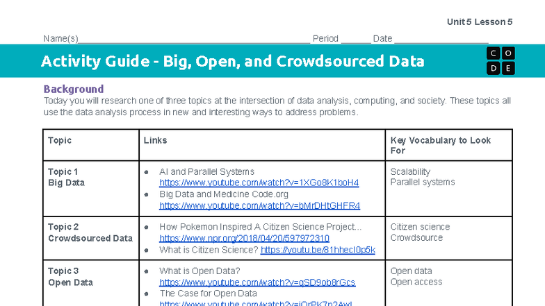 Unit 5 Lesson 5 Activity Guide: Big, Open, & Crowdsourced Data - Studocu