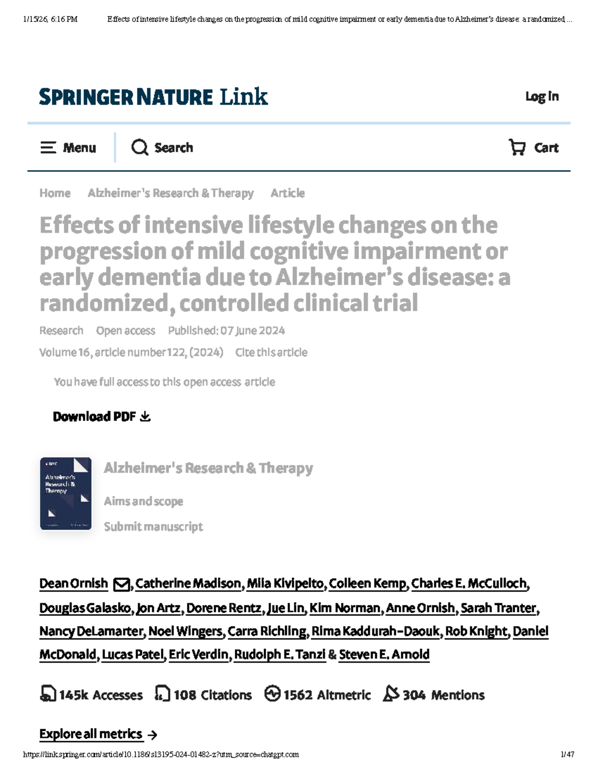 Effects of Intensive Lifestyle Changes on MCI/Dementia Progression: A ...