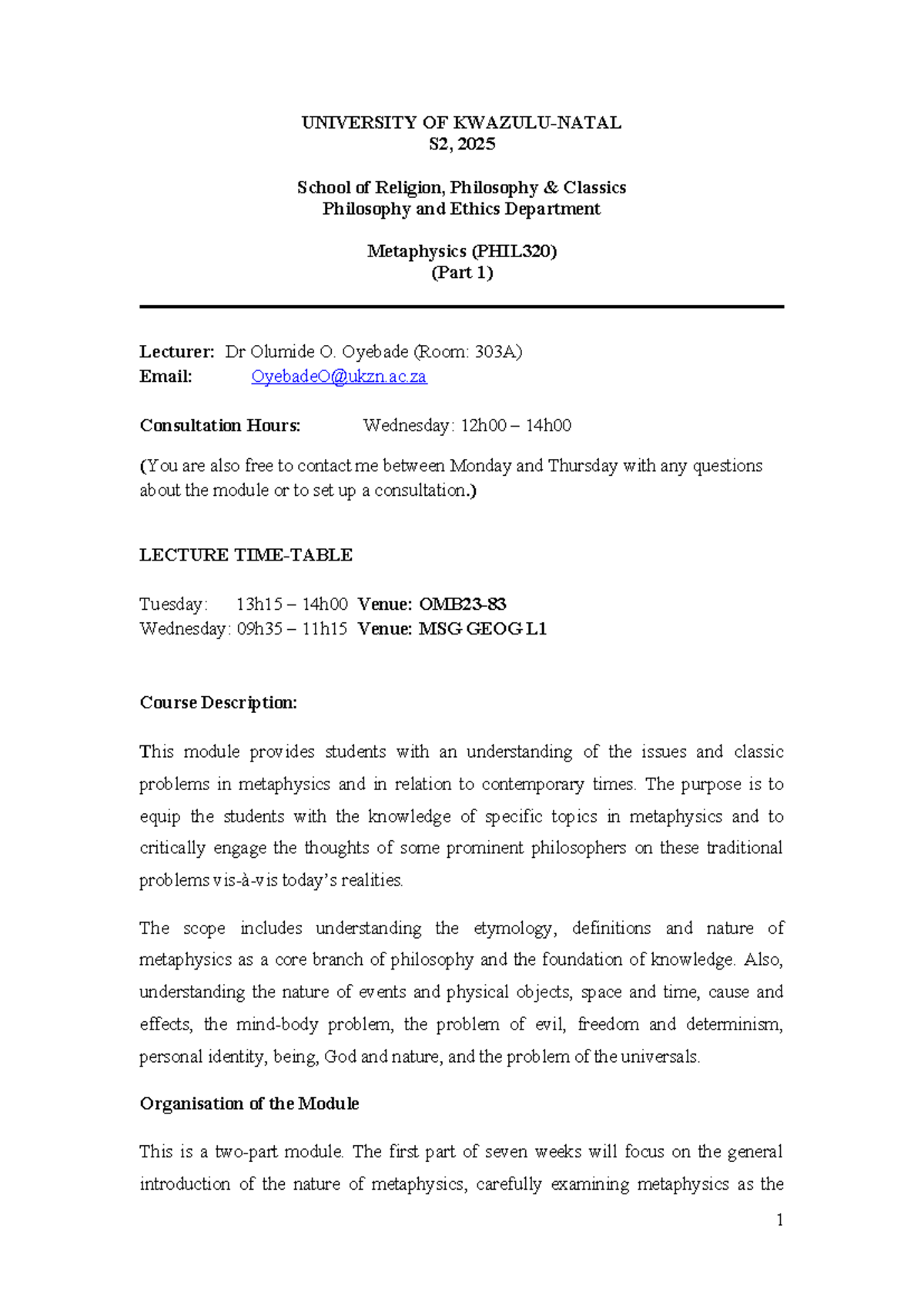 PHIL320 Metaphysics Module Outline (Part 1) - 2025 - Studocu