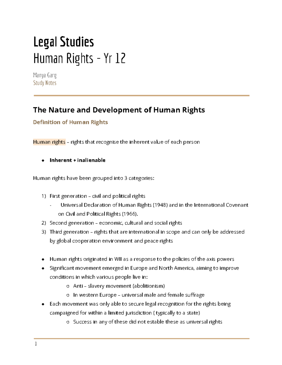 Legal Studies Yr 12: Human Rights Study Notes Overview - Studocu