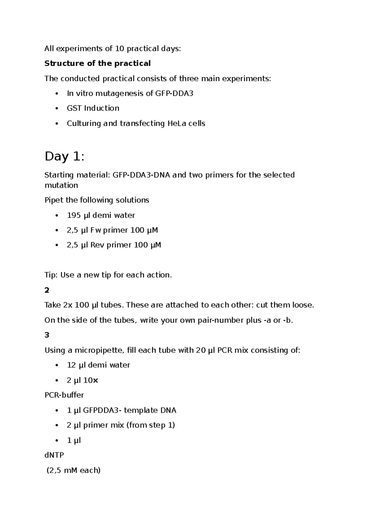 Practical MCR - 10-Day Experiment Overview and Protocols - Studeersnel