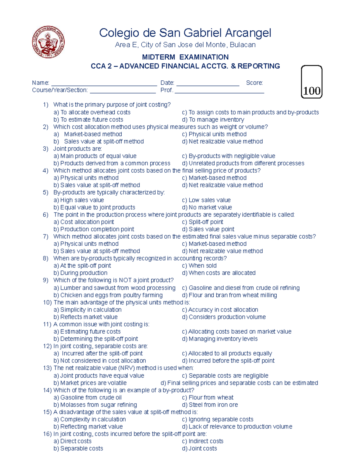 Midterm examination CCA 2 advanced financial accounting reporting - Studocu