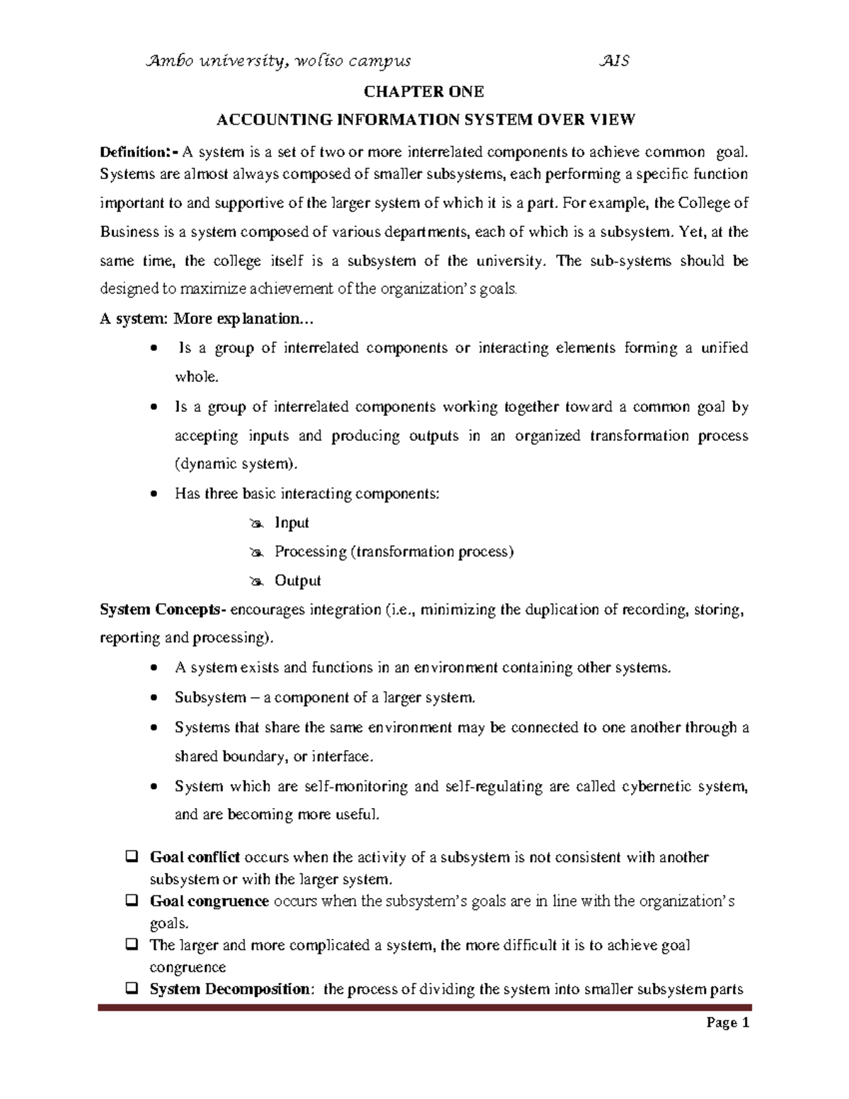 Chapter 1 AIS - lecture notes - CHAPTER ONE ACCOUNTING INFORMATION ...