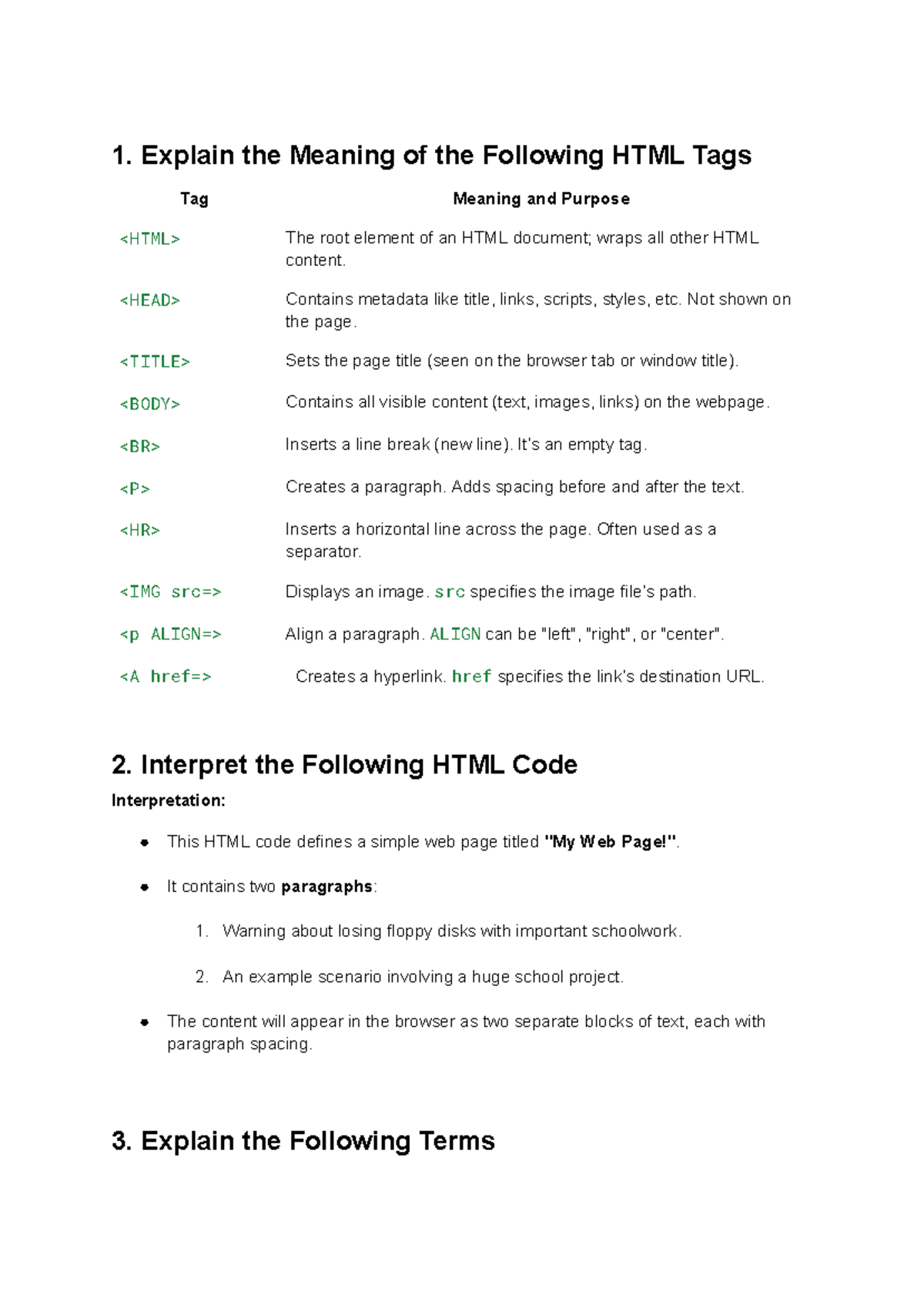 Web Development Assignment: Understanding HTML Tags and Code - Studocu