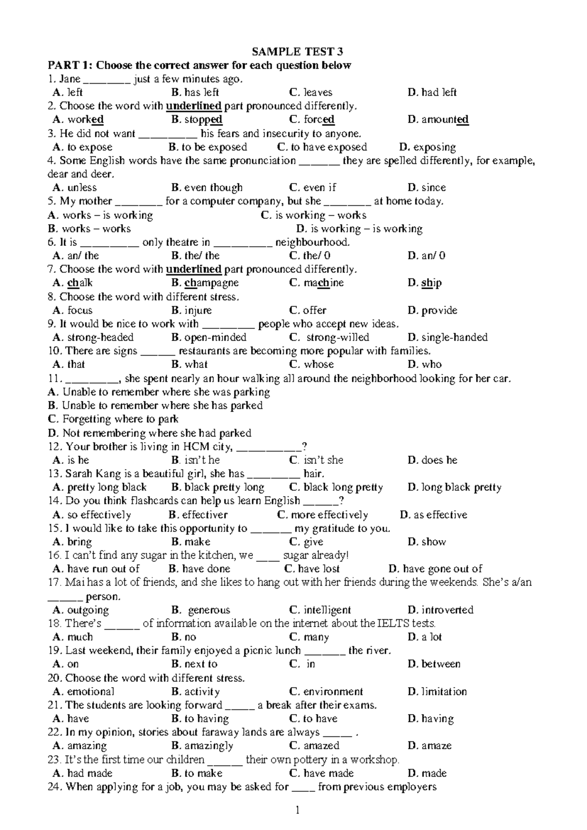 Sample Test AV1 - Anh 1: Multiple Choice Questions and Answers - Studocu