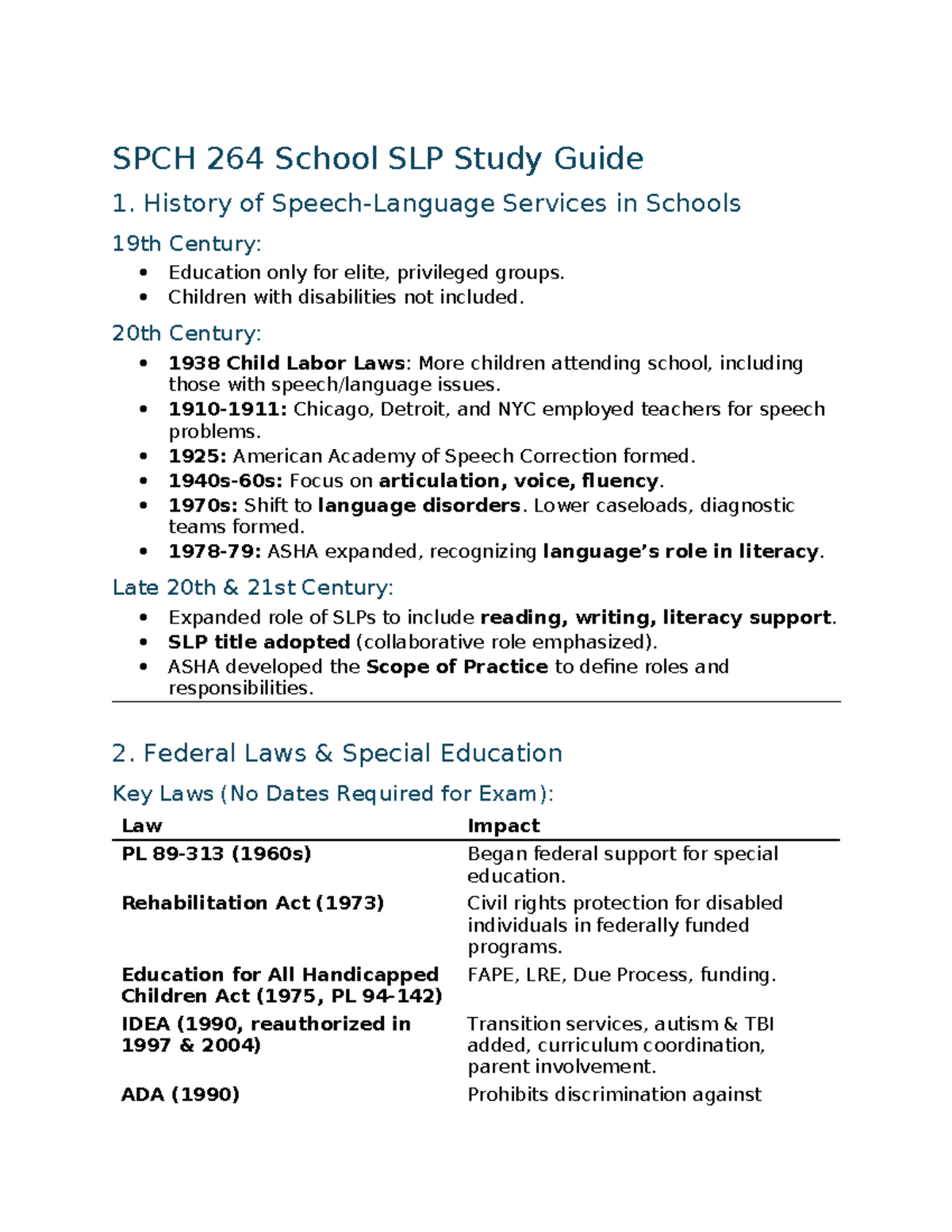 SPCH 264 School SLP Study Guide: History, Laws, and Assessment Methods ...
