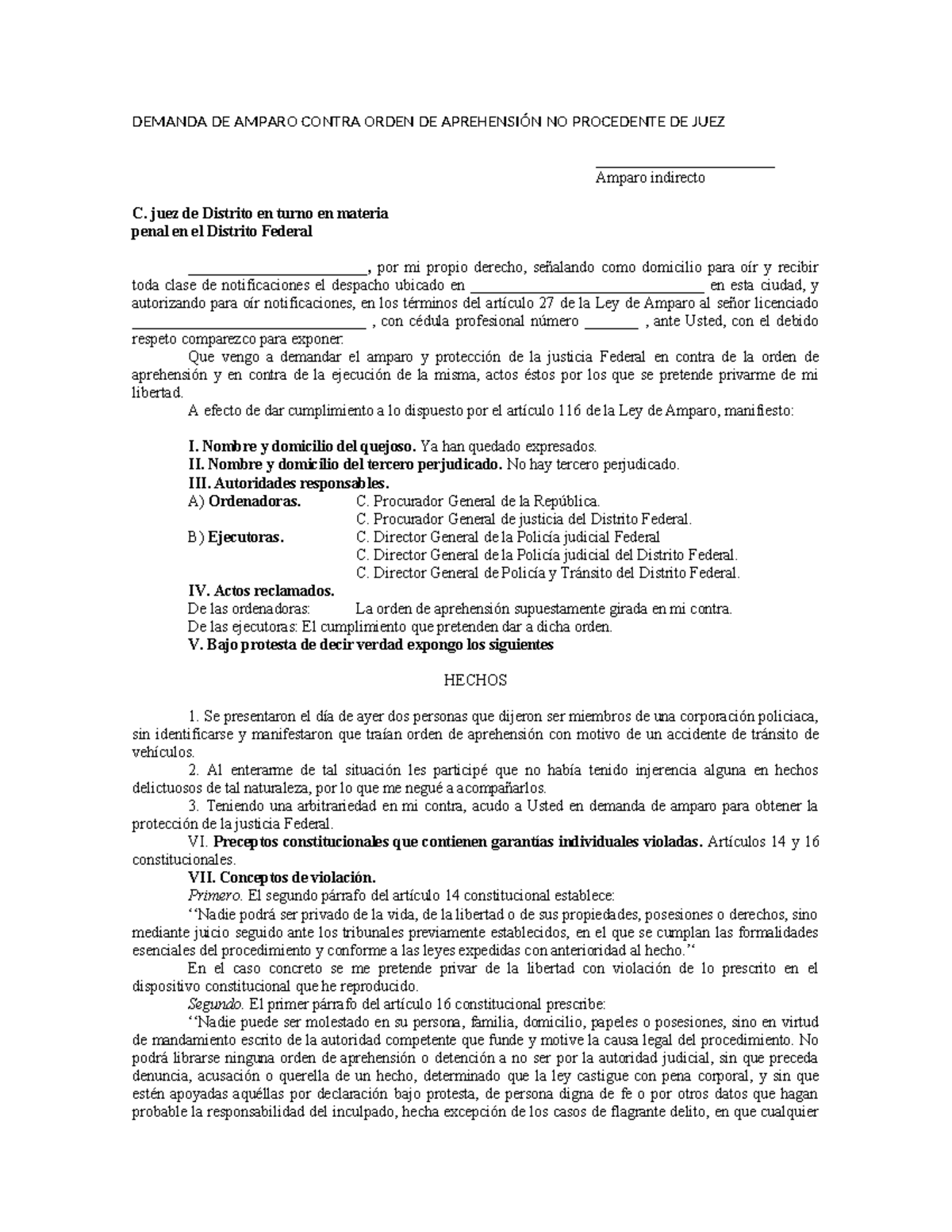 Demanda de Amparo Indirecto contra Orden de Aprehensión No Procedente ...