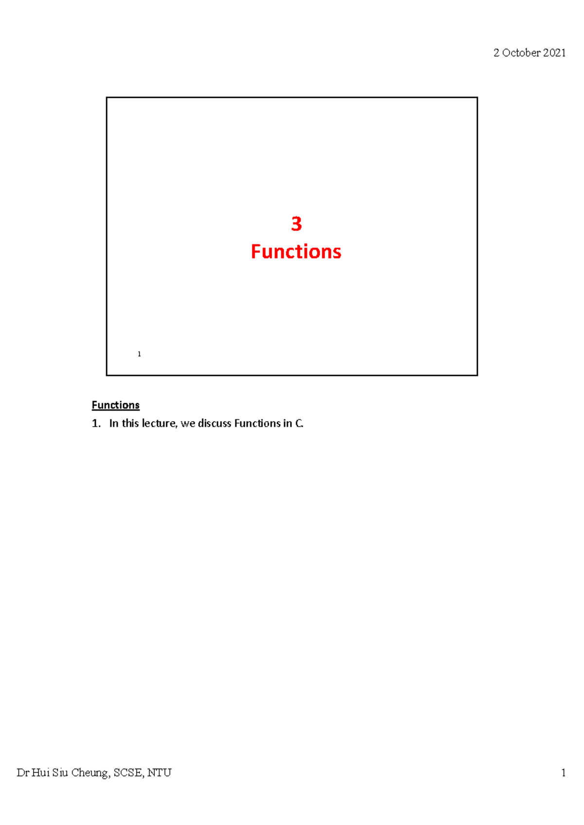 3 - Functions - Lecture slides notes - 1 3 Functions Functions 1. In ...