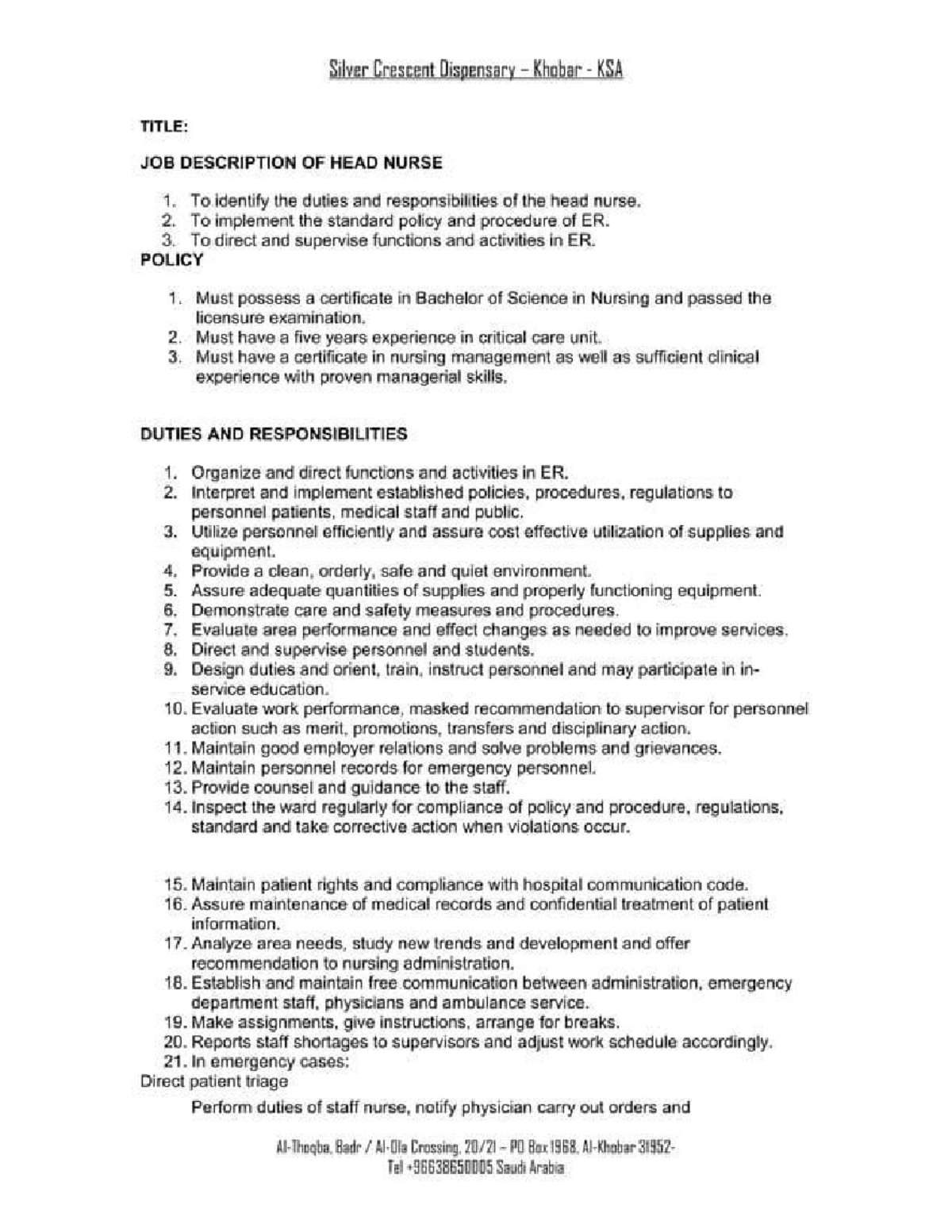 Job Description of Head Nurse - Silver Crescent Dispensary KSA - Studocu