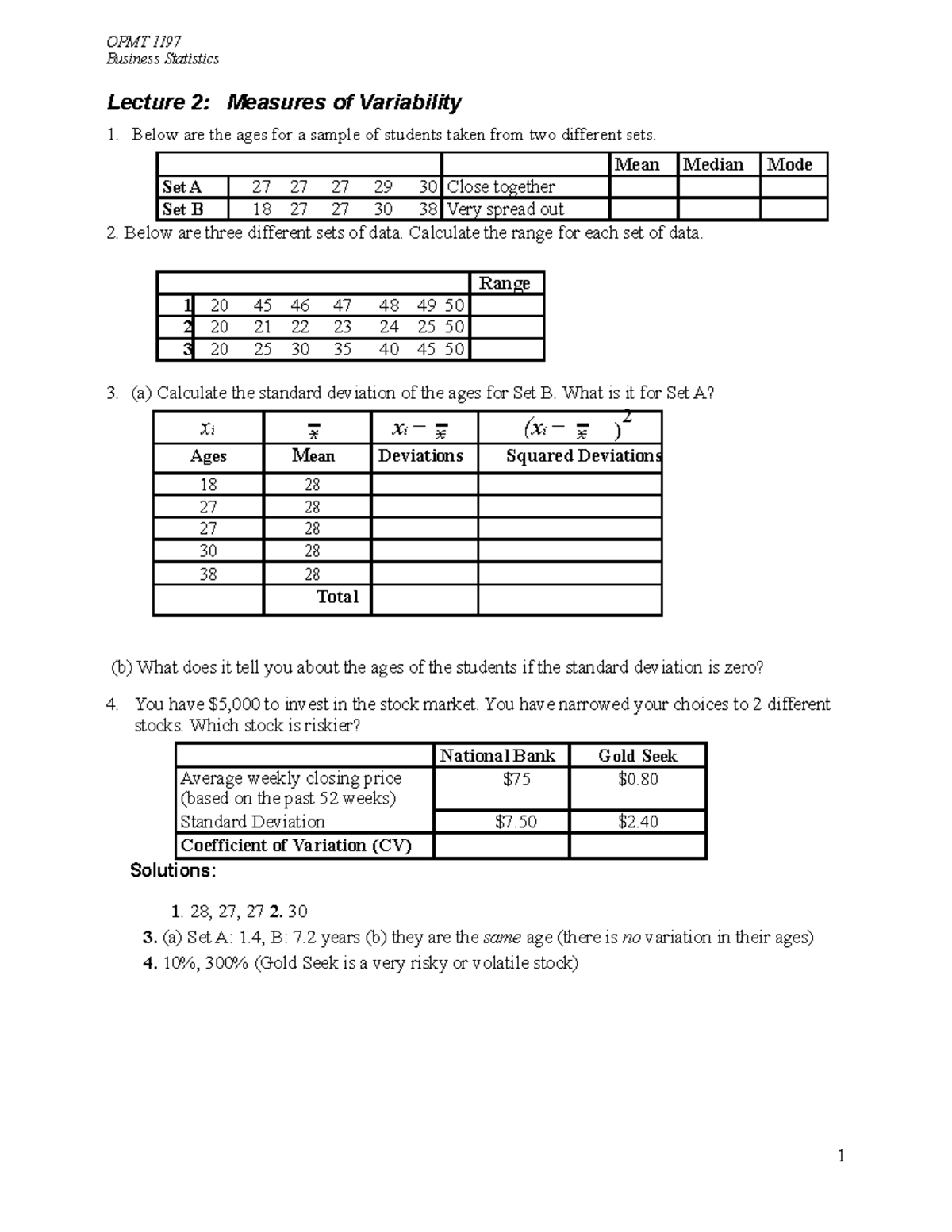 Class Notes 2-2 - Business Statistics Lecture 2: Measures of ...