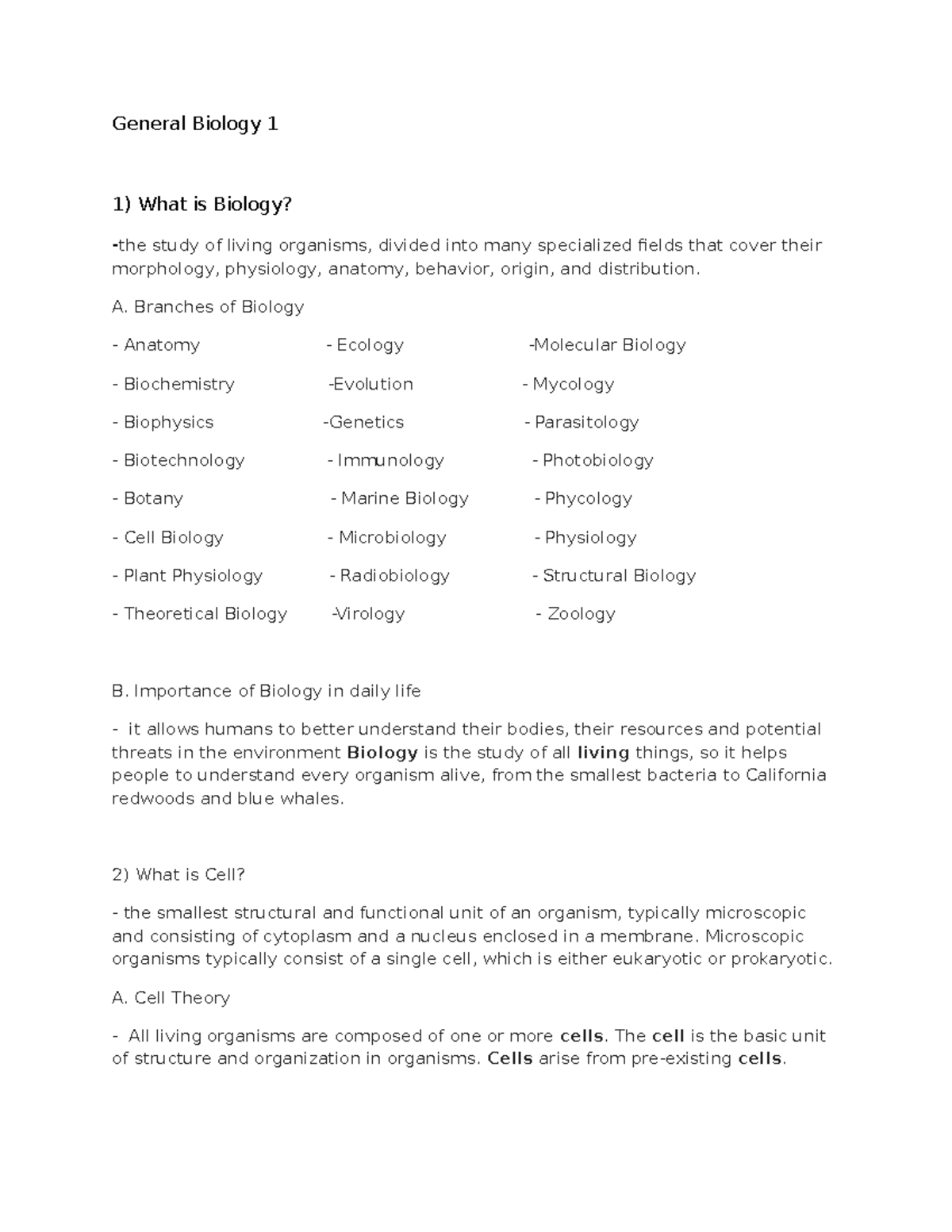 General Biology 1 Notes - Study of Cells and Organisms for OED - Studocu