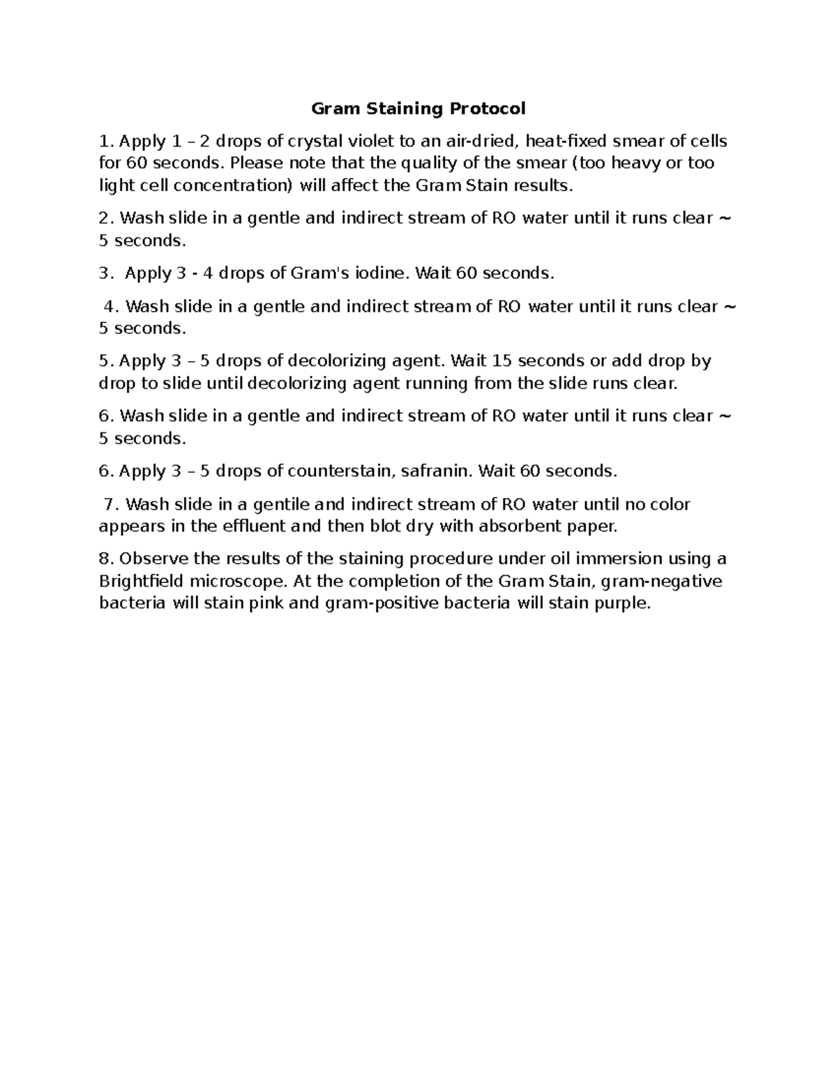 Gram Stain Protocol - Gram Staining Protocol Apply 1 – 2 drops of ...