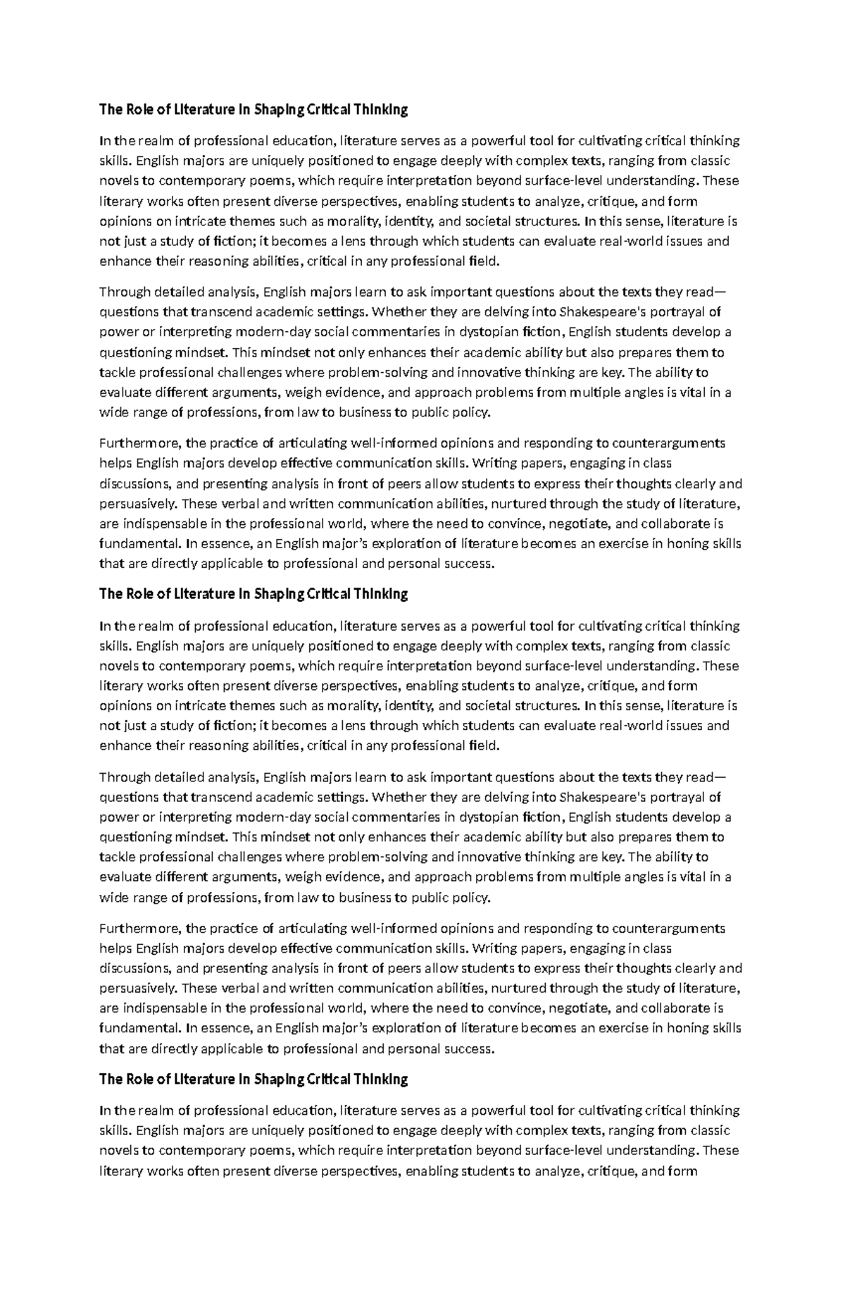 ENG 101: The Impact of Literature on Critical Thinking Skills - Studocu