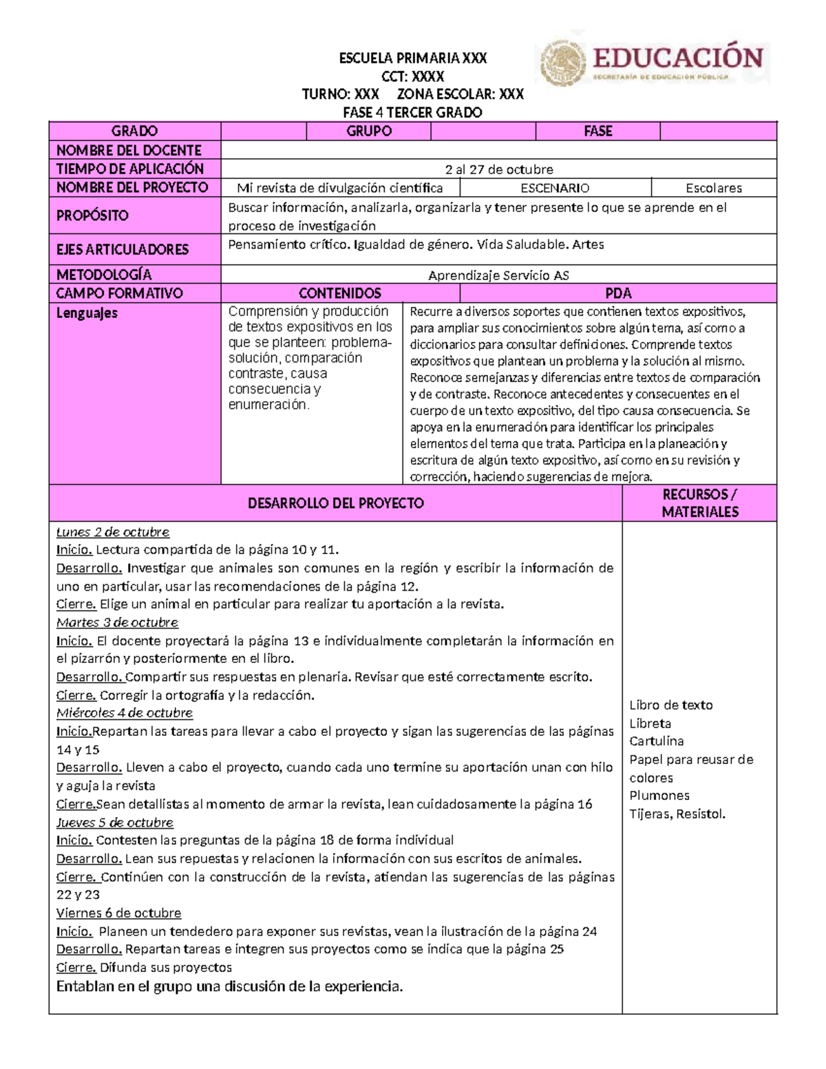PLAN DE TERCER GRADO OCTUBRE: Proyectos y Actividades Educativas - Studocu