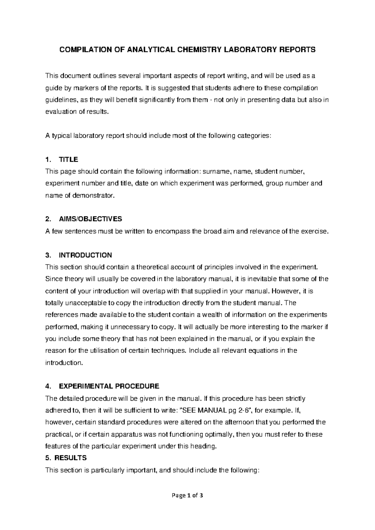 Guidelines for Writing Analytical Chemistry Lab Reports (CHEM 101 ...
