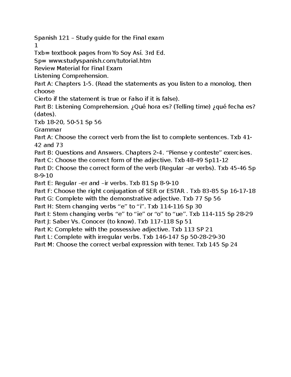 Spanish 121 Final Exam Study Guide: Listening & Grammar Review - Studocu