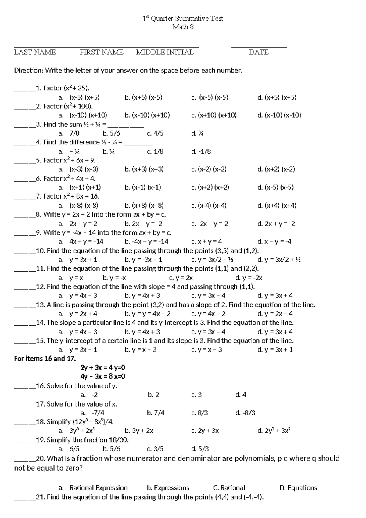 Grade 8 Exam - Mathematics 8 - 1 st Quarter Summative Test Math 8 - Studocu