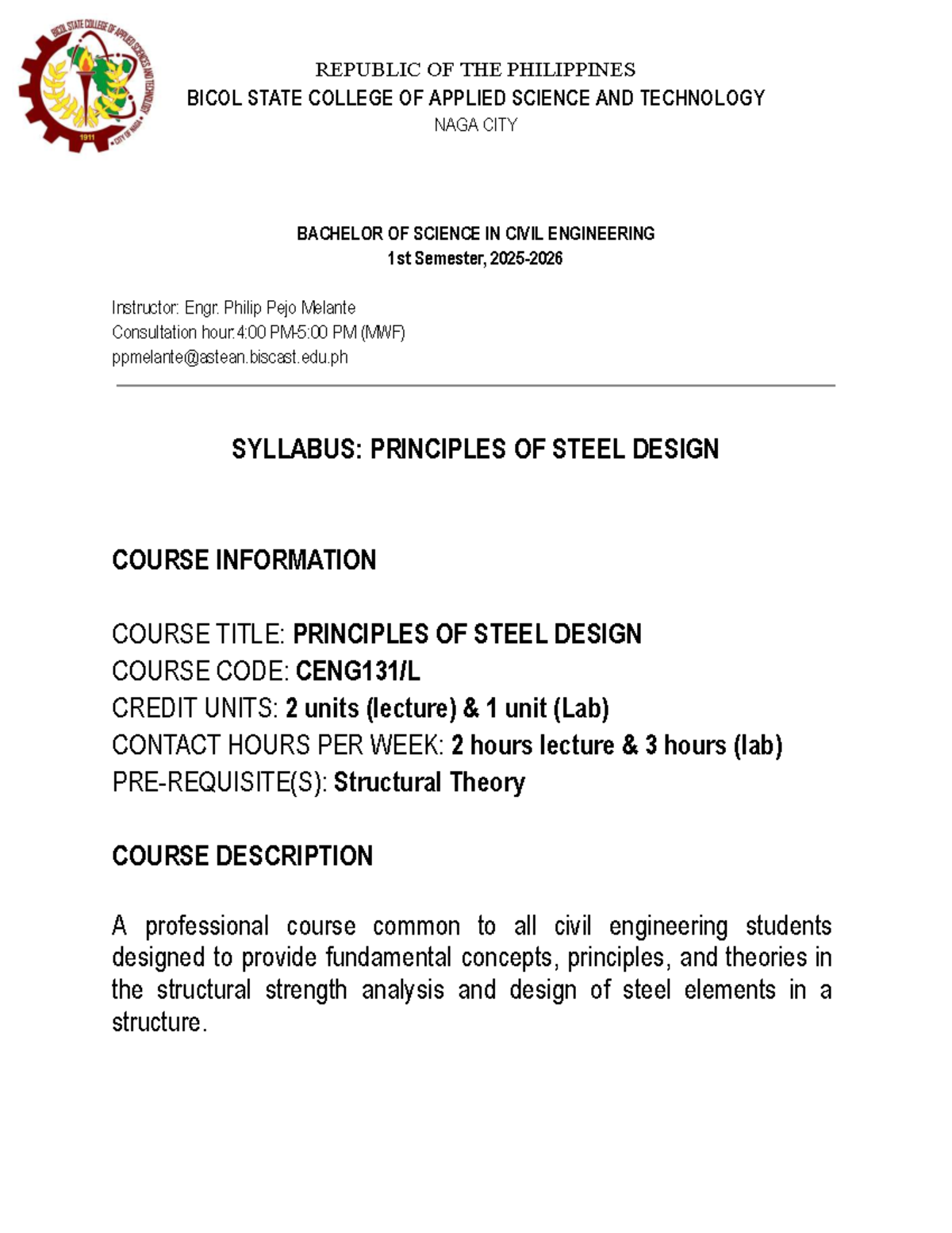 Principles of Steel Design Syllabus (CE 1st Sem) - Studocu