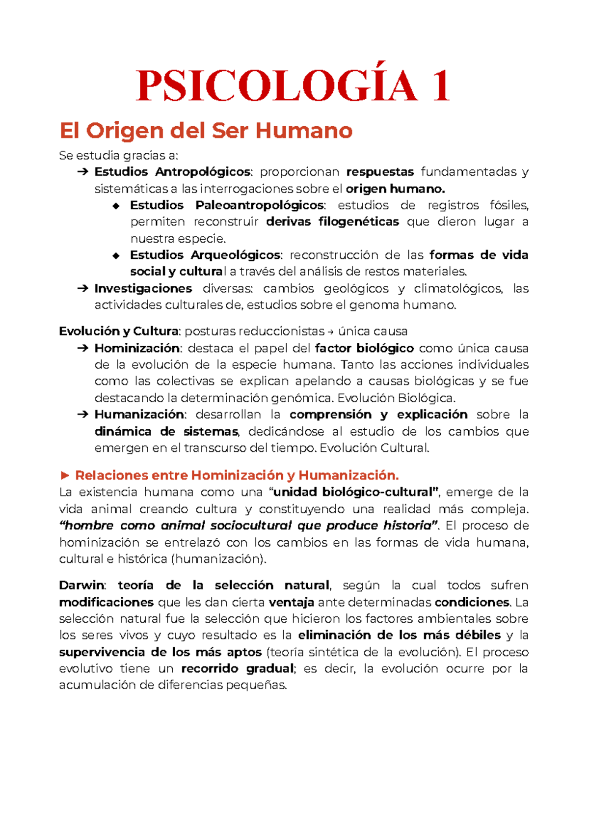 PSICOLOGÍA 1: Orígenes del Ser Humano y Evolución Cultural - PARCIAL 1 ...