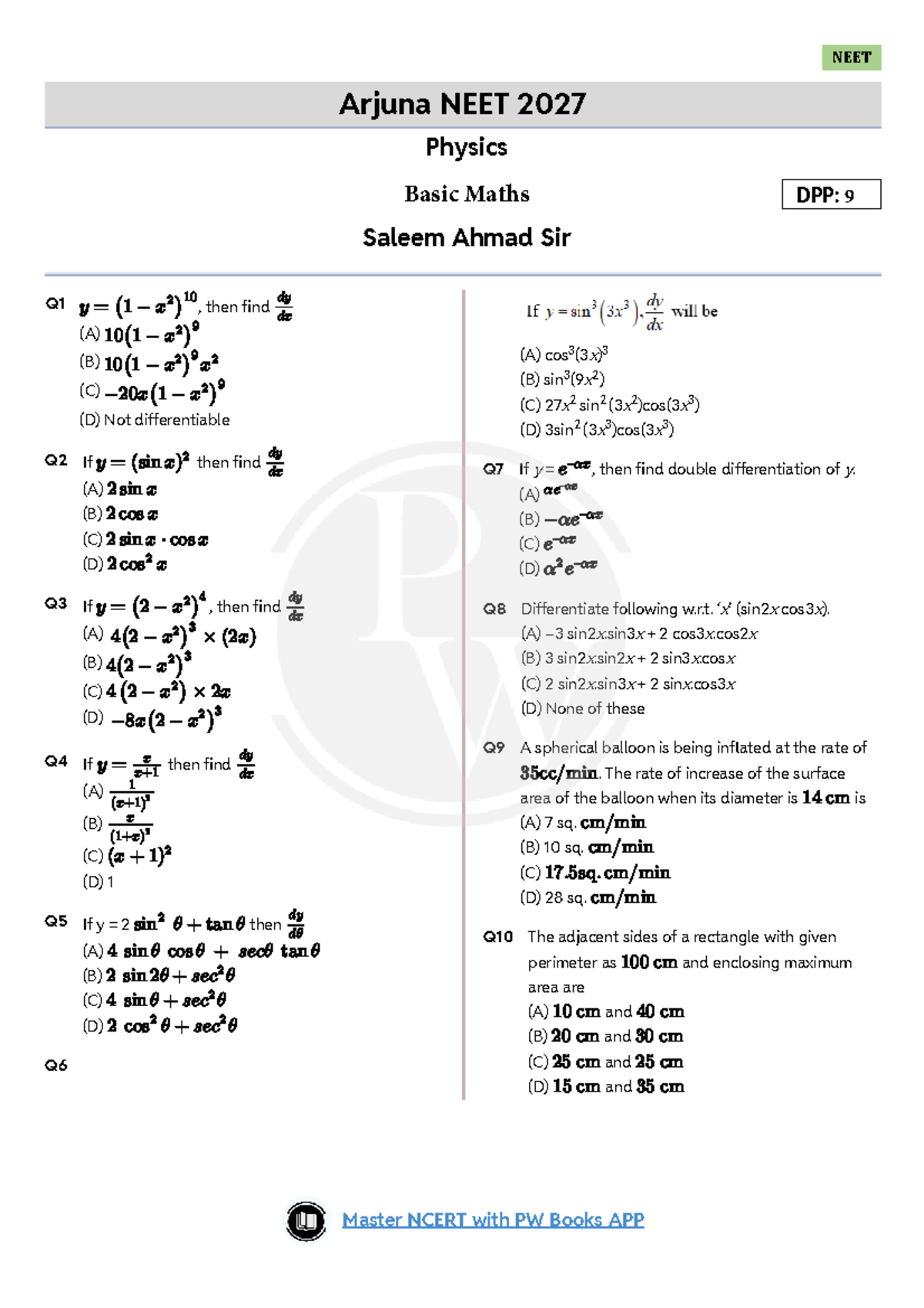 NEET 2027 Physics Basic Maths DPP 09 by Saleem Ahmad Sir - Studocu