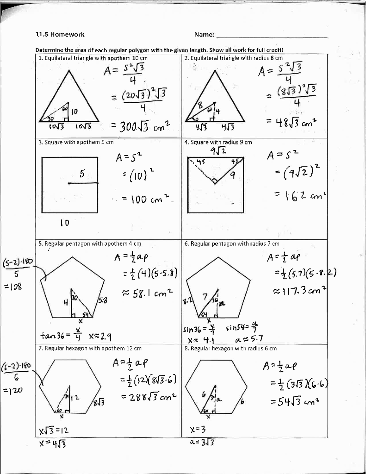 MTH 11.5 Worksheet Solutions: Area of Regular Polygons - Studocu