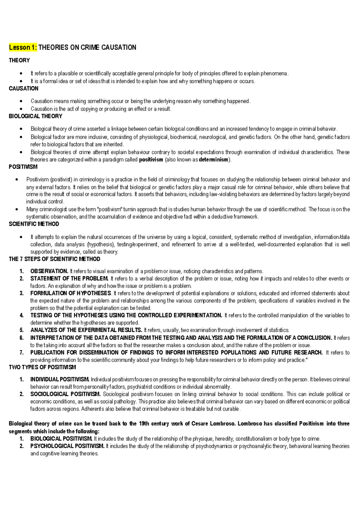 CRIM 2 Lesson 1: Theories and Causation of Criminal Behavior - Studocu