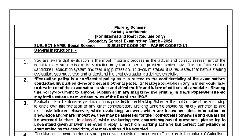 Marking Scheme for Social Science Exam (Subject Code 087) - March 2024 ...