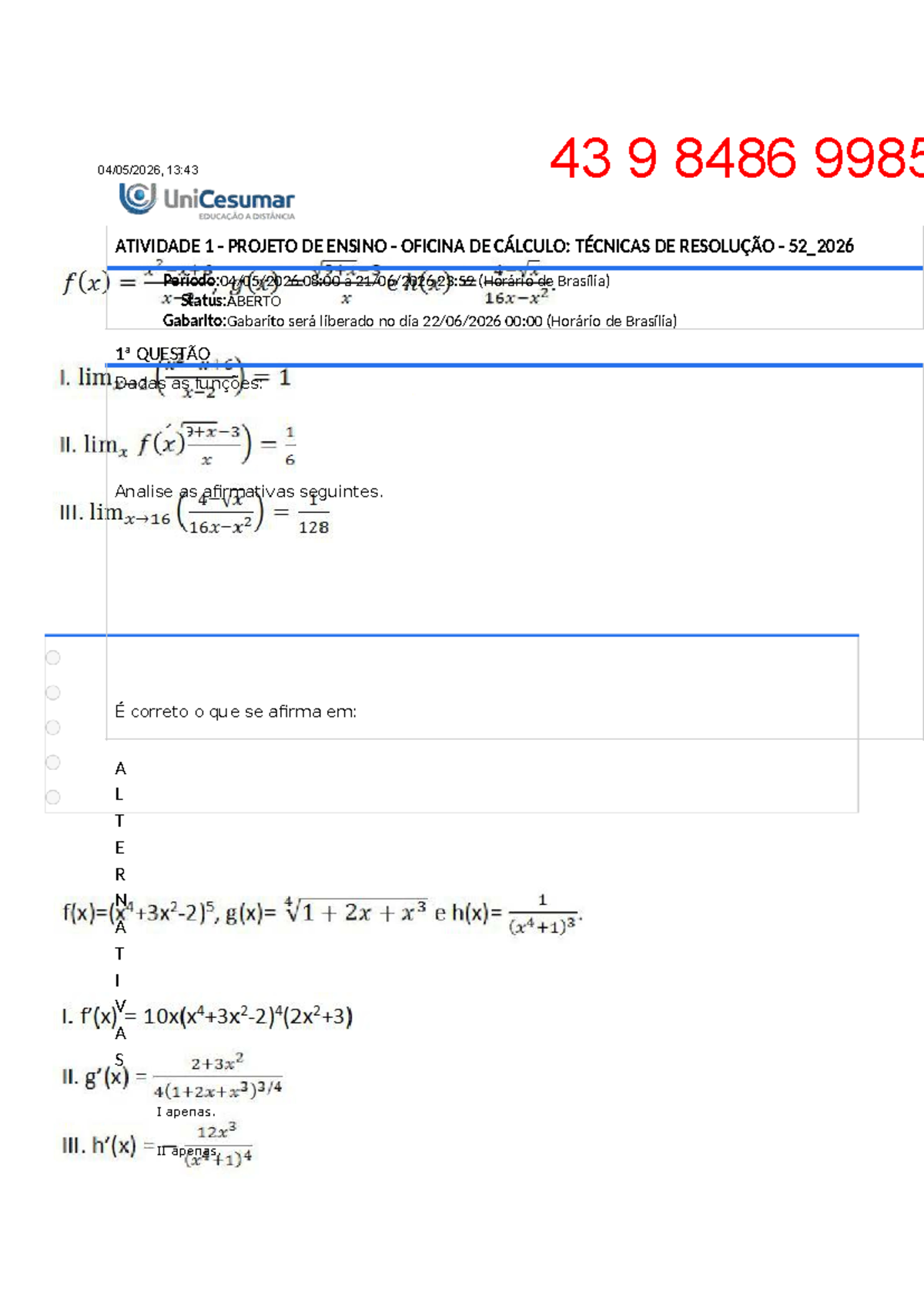 Atividade 1 - Projeto de Ensino: Oficina de Cálculo - Técnicas de ...