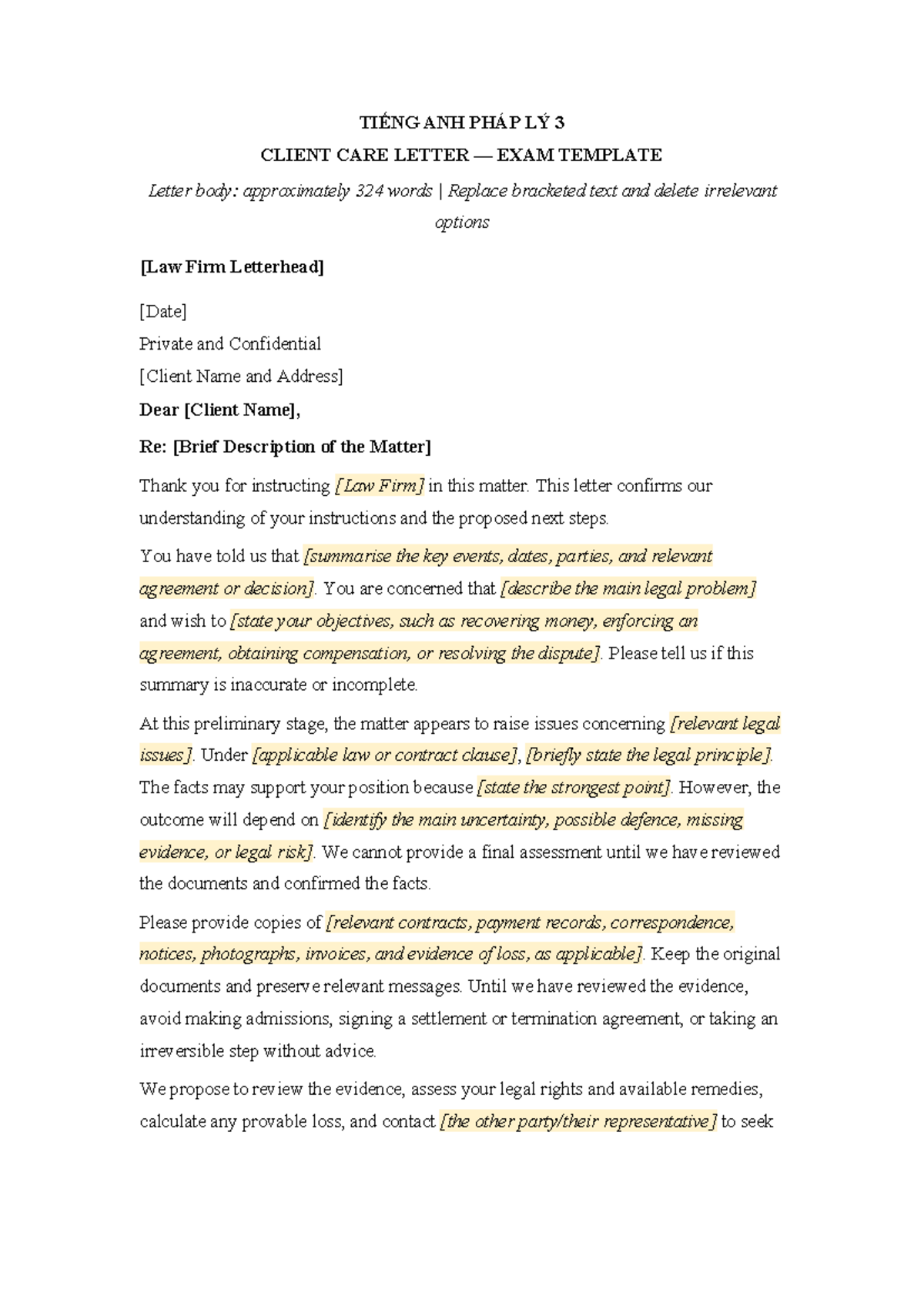 TIẾNG ANH PHÁP LÝ 3 - CLIENT CARE LETTER EXAM TEMPLATE - Studocu
