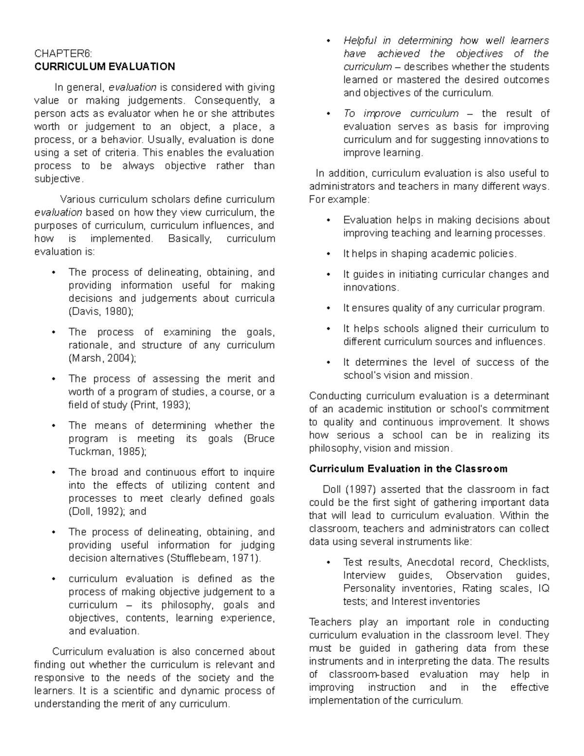 Chapter 6: Understanding Curriculum Evaluation and Innovation - Studocu