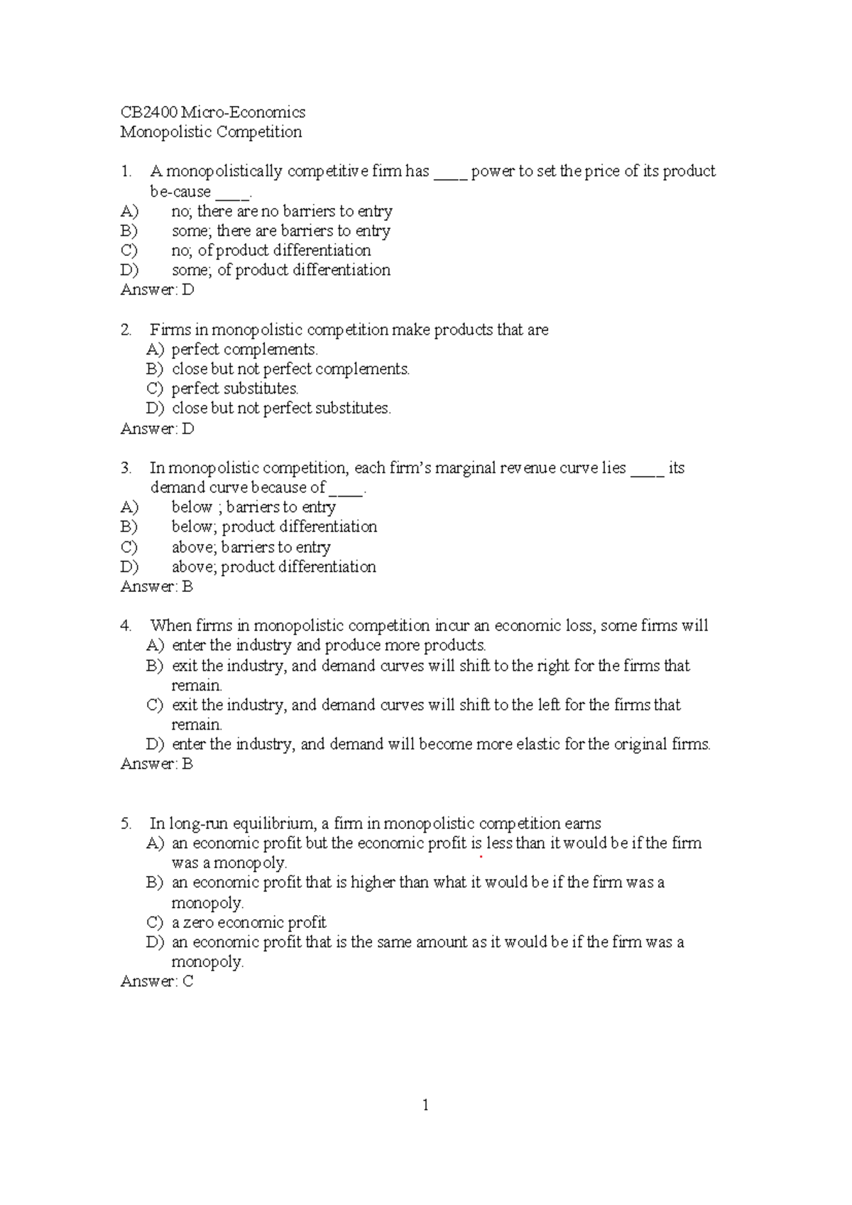 CB2400 Monopolistic Competition Study Guide and Key Concepts - Studocu