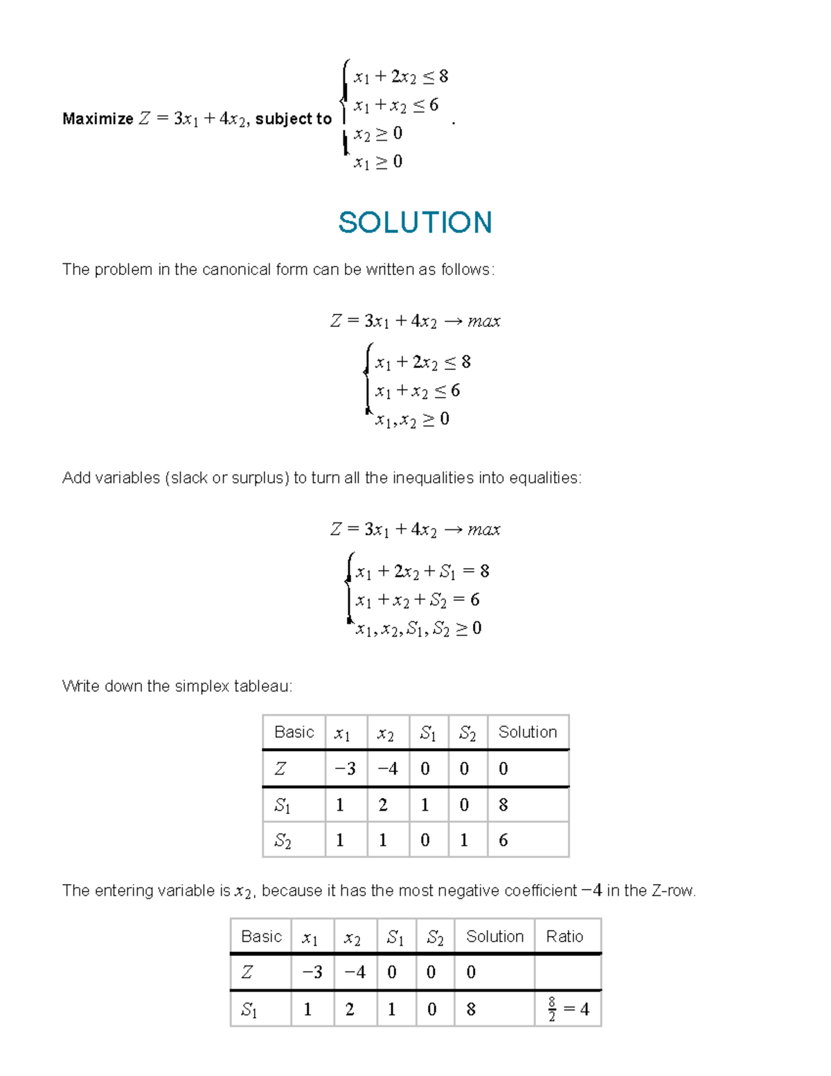 Simplex Method Analysis for Optimization Problem (Course Code: x1 2x2 ...