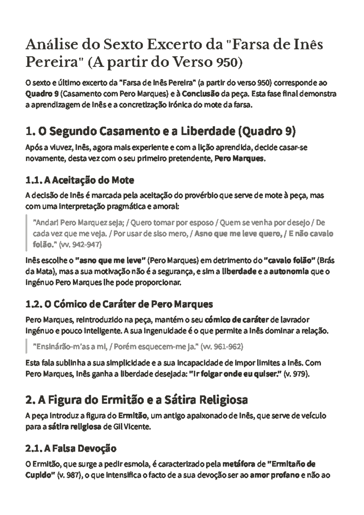 Análise do Sexto Excerto da Farsa de Inês Pereira (Verso 950) - Studocu