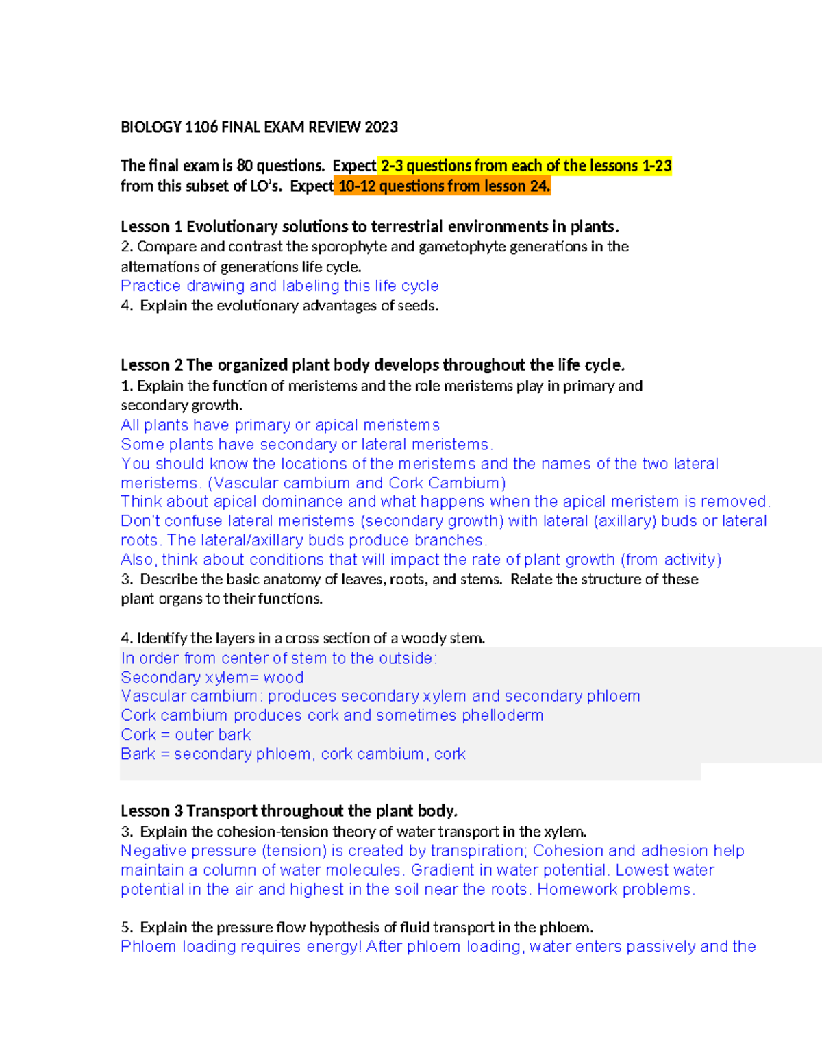 BIOLOGY 1106 FINAL EXAM REVIEW: KEY TOPICS AND CONCEPTS 2023 - Studocu