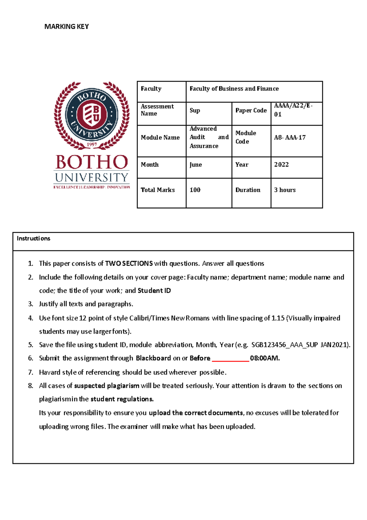 A8-AAA-17 SUP Marking Key for Advanced Audit and Assurance Exam 2022 ...
