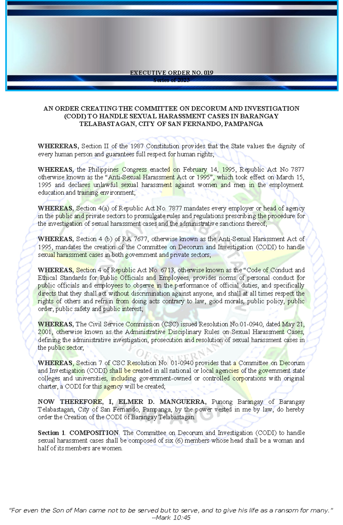 EO 019 - Creating the Committee on Decorum & Investigation for Anti ...