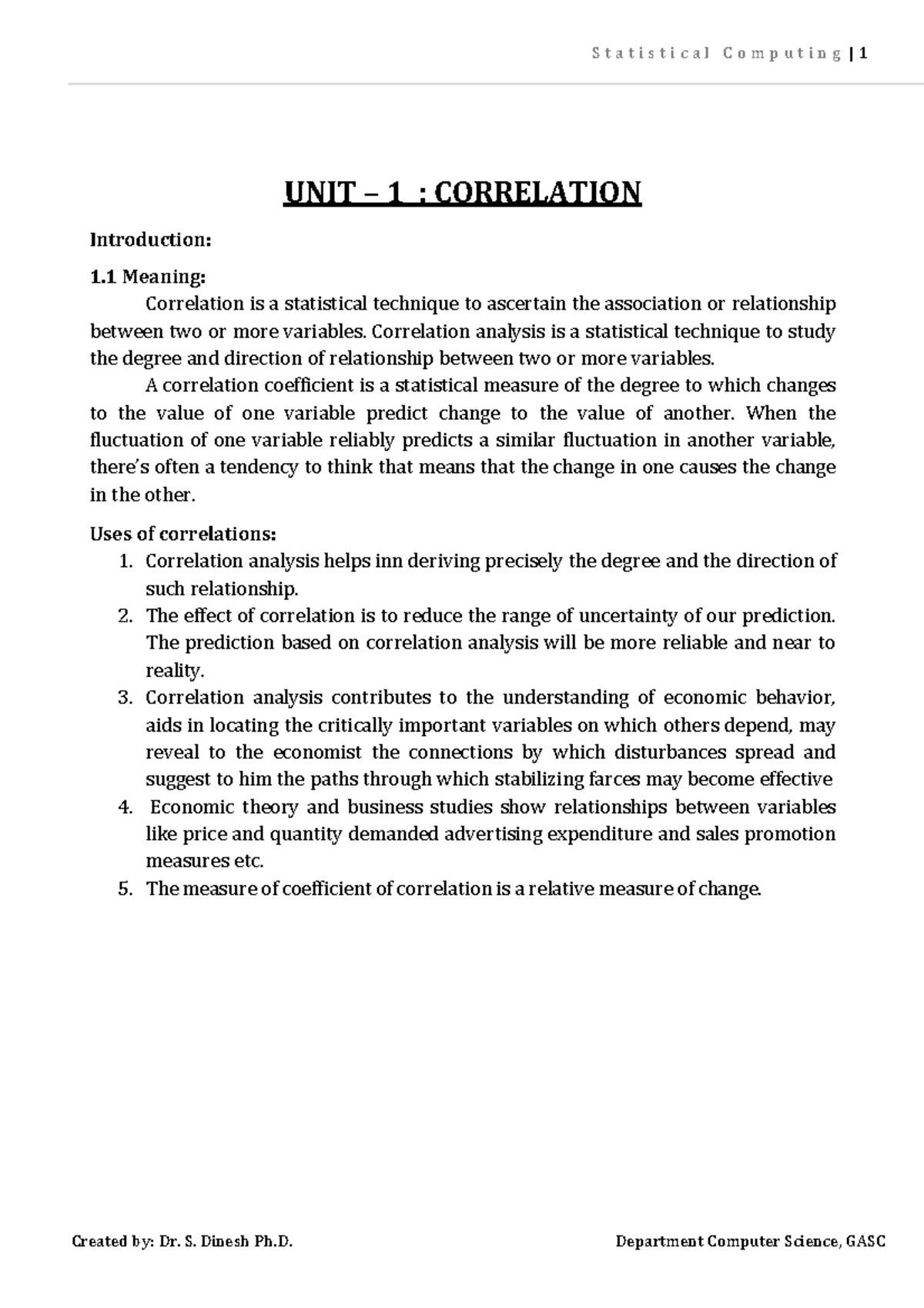 Statistical Computing (CS101) - Unit 1 & 2: Correlation & Regression ...