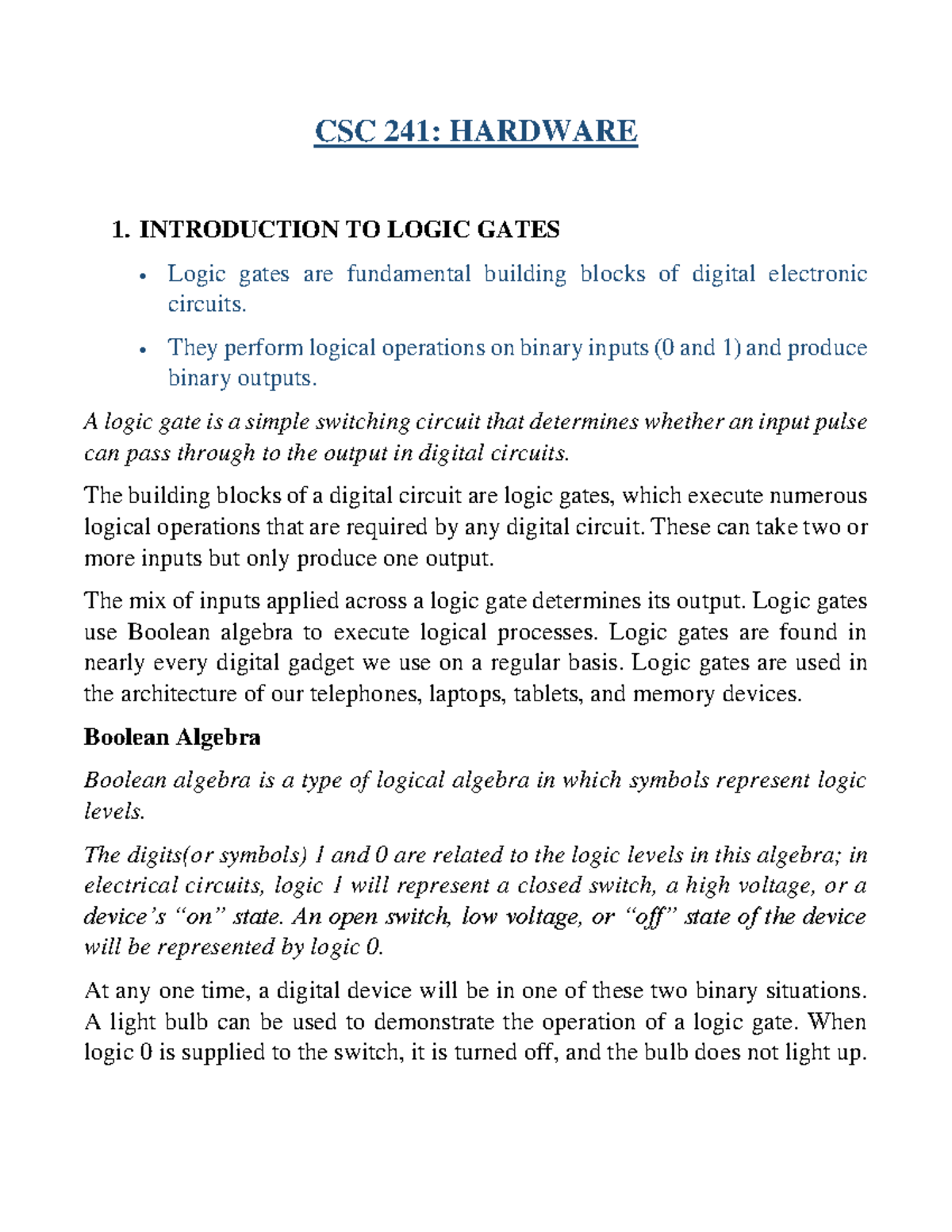 CSC 241: Introduction to Logic Gates and Flip Flops Lecture Notes - Studocu