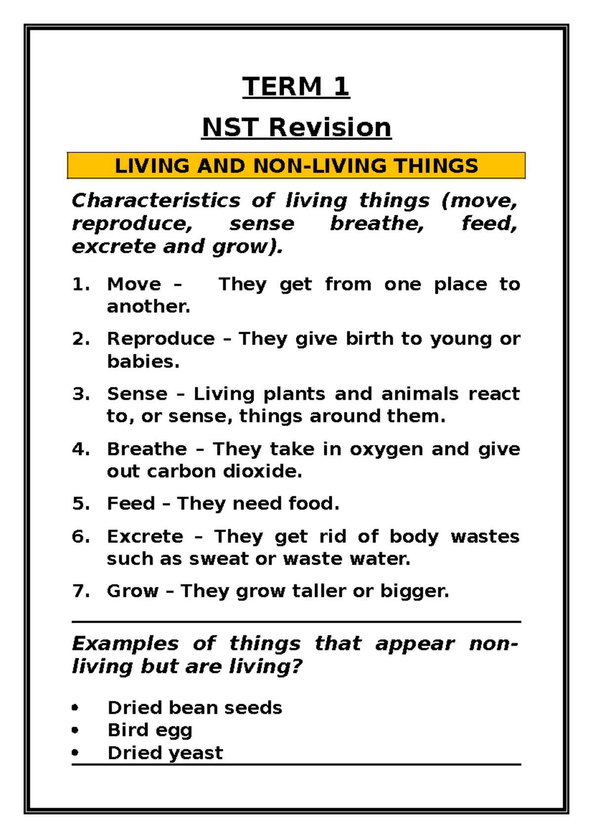 TERM 1 NST Revision: Characteristics & Structures of Living Things ...