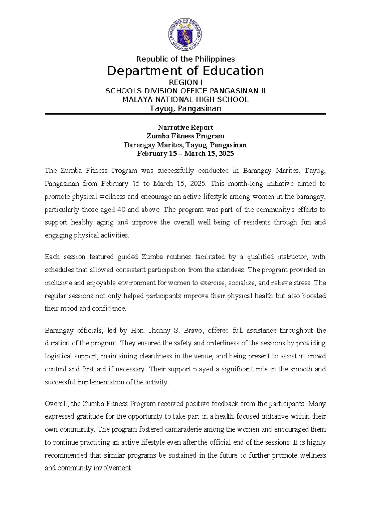 Request Letter for Zumba & Reading Programs in Barangay Marites - Studocu